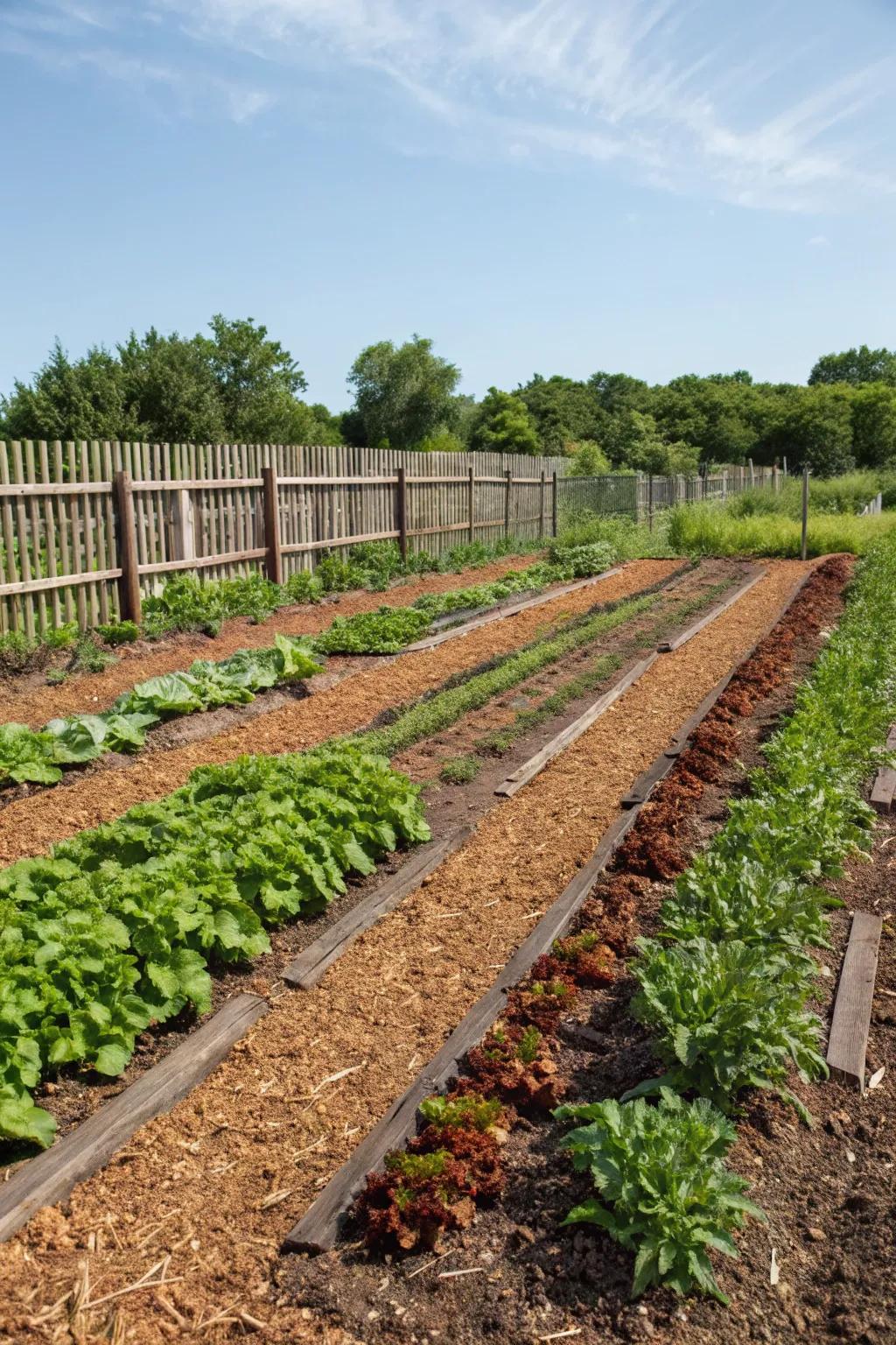 Vegetable garden thriving with brown mulch.