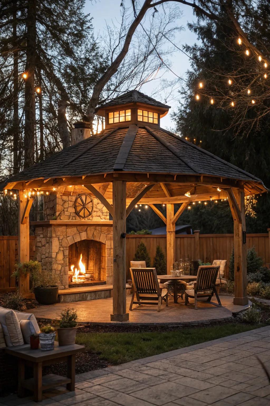 Warm lighting adds a magical touch to rustic outdoor spaces.