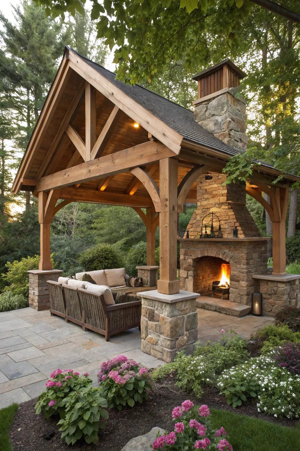 The elegance of timber framing adds a rustic touch to any outdoor pavilion.