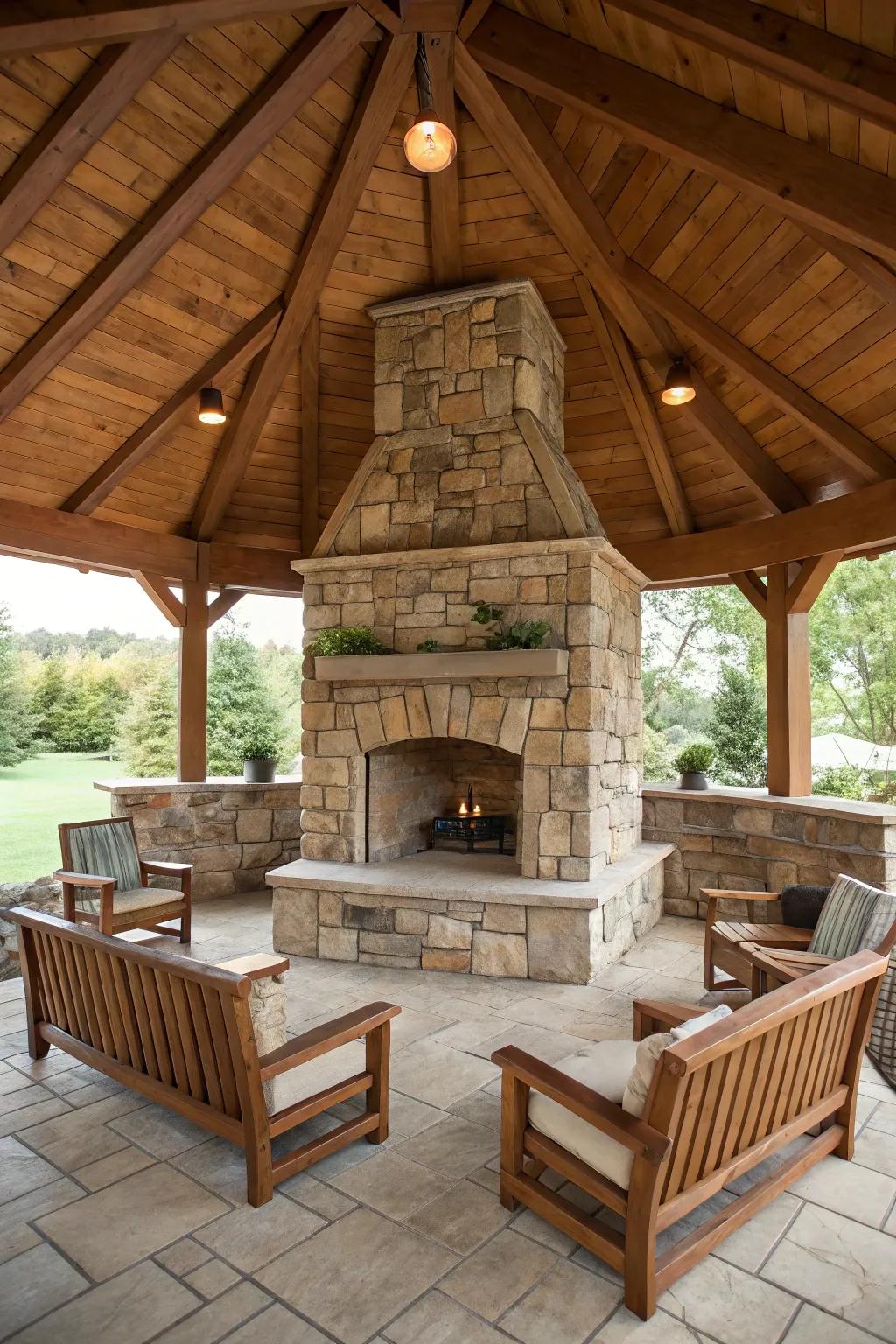 Freestanding fireplaces provide a unique focal point in outdoor settings.