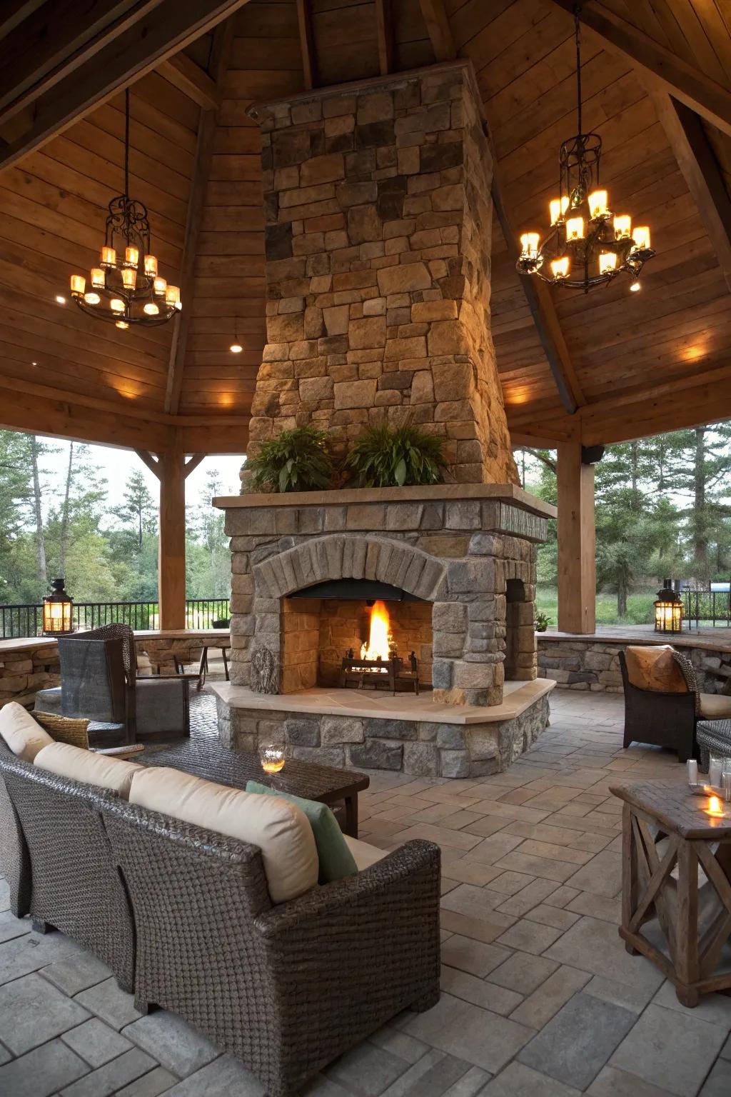 A stone fireplace creates a captivating focal point in any outdoor setting.