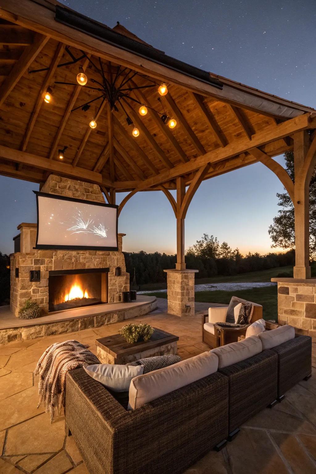 Outdoor movie setups turn your pavilion into a magical cinema experience.