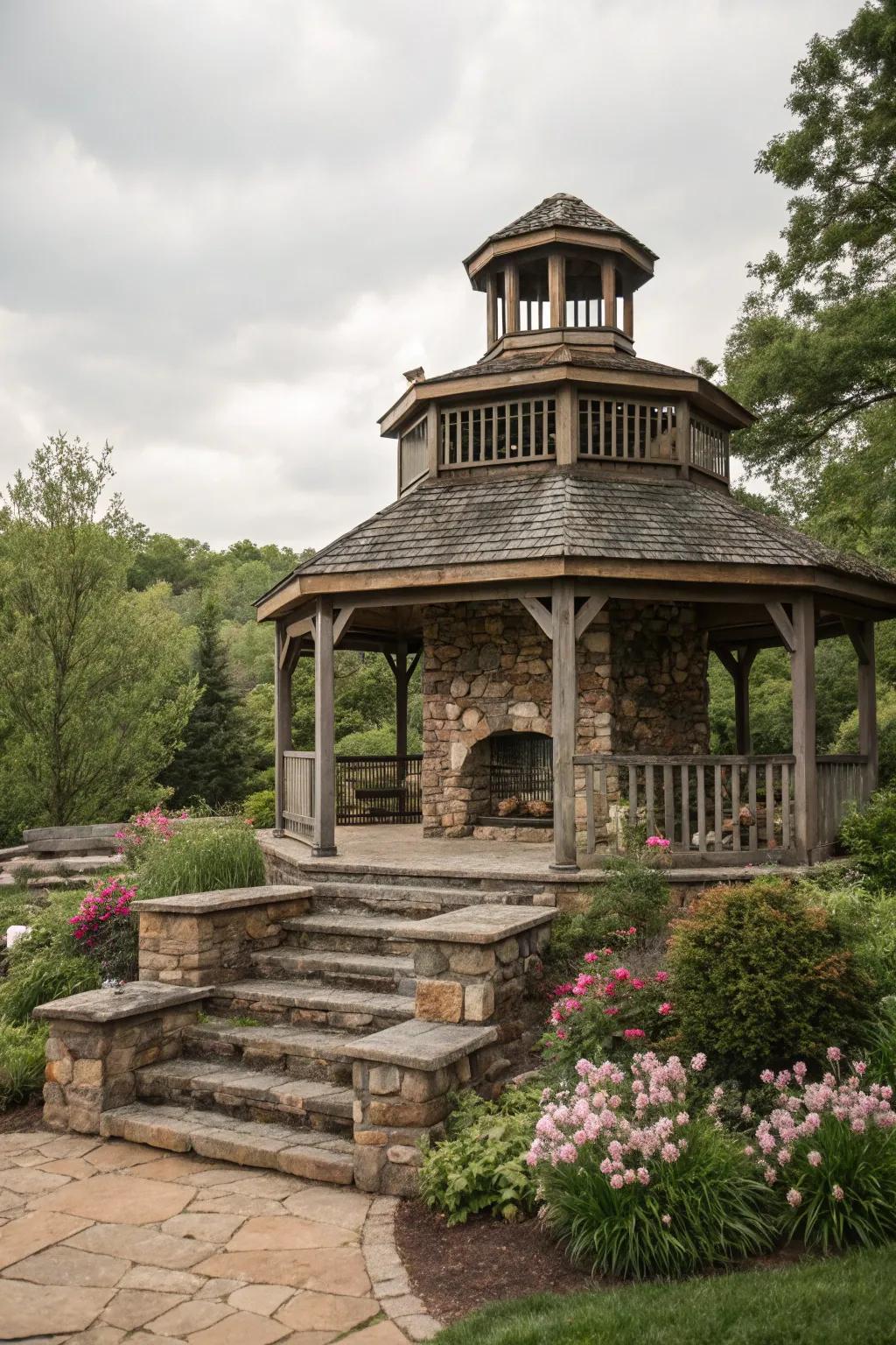 Multi-level terraces add depth and interest to outdoor pavilions.