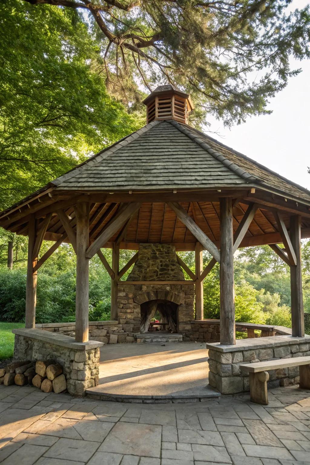 Green surroundings complement the rustic charm of an outdoor pavilion.