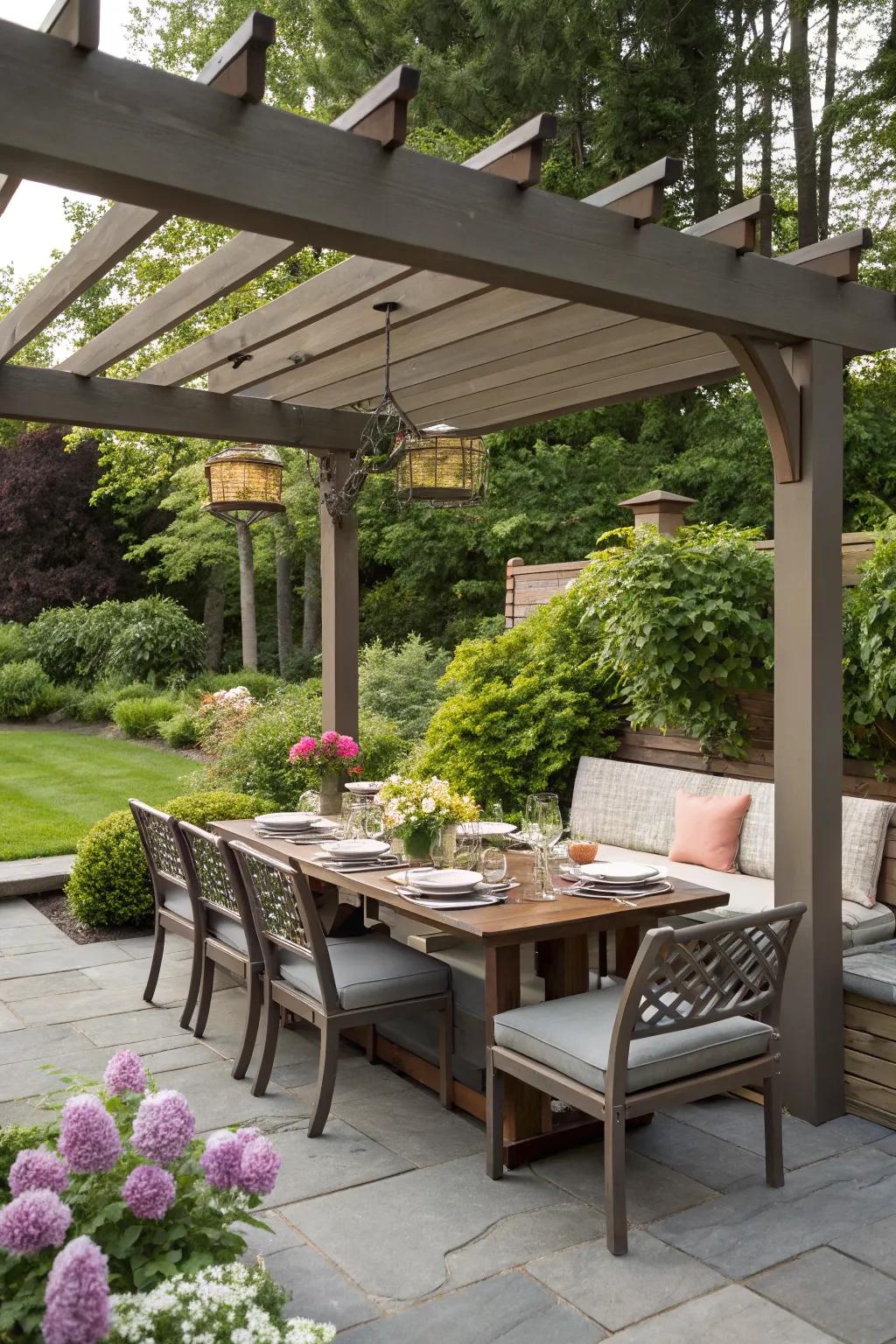 Built-in benches enhance functionality and style.