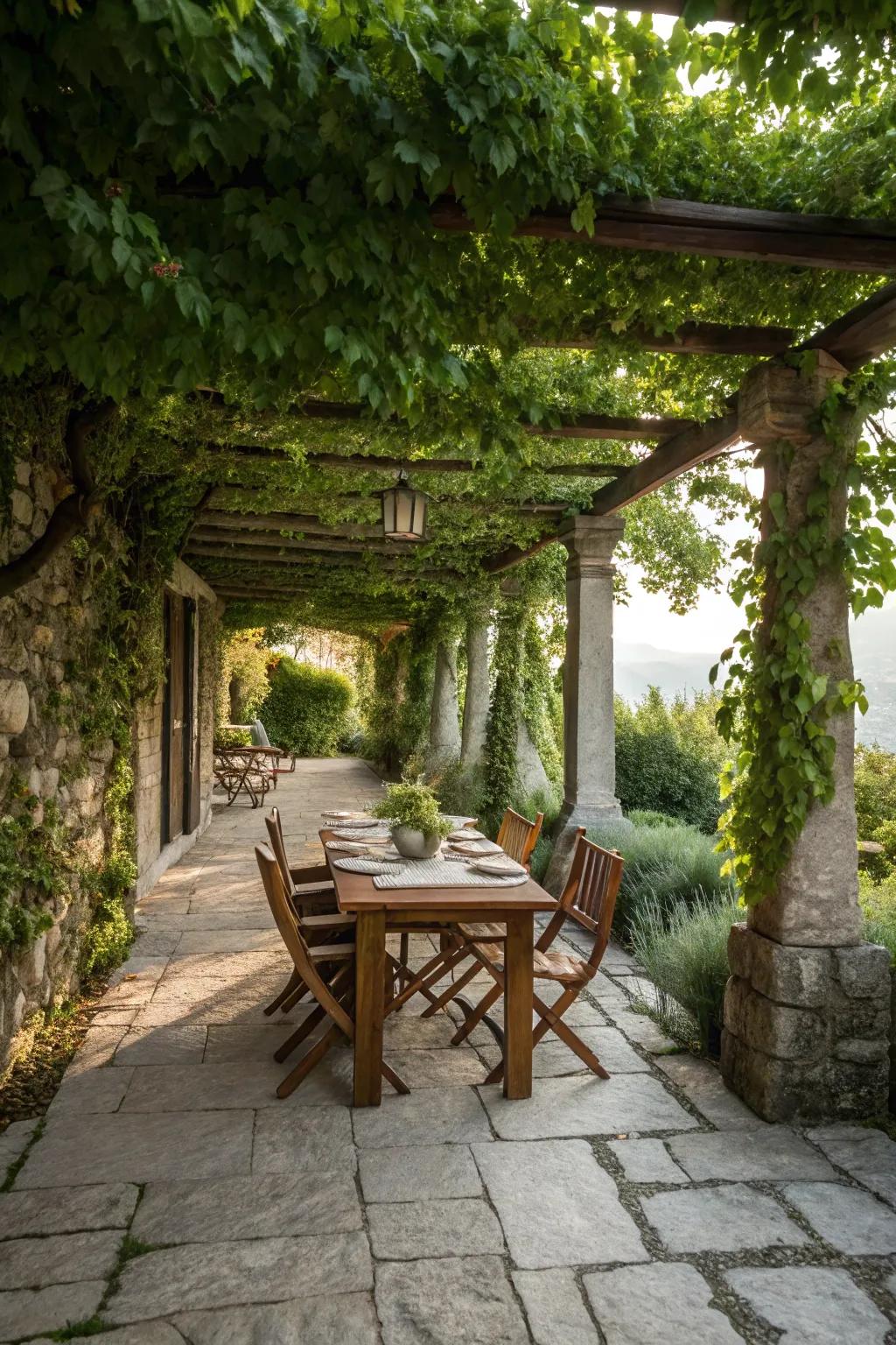 Natural stone floors add sophistication under the pergola.
