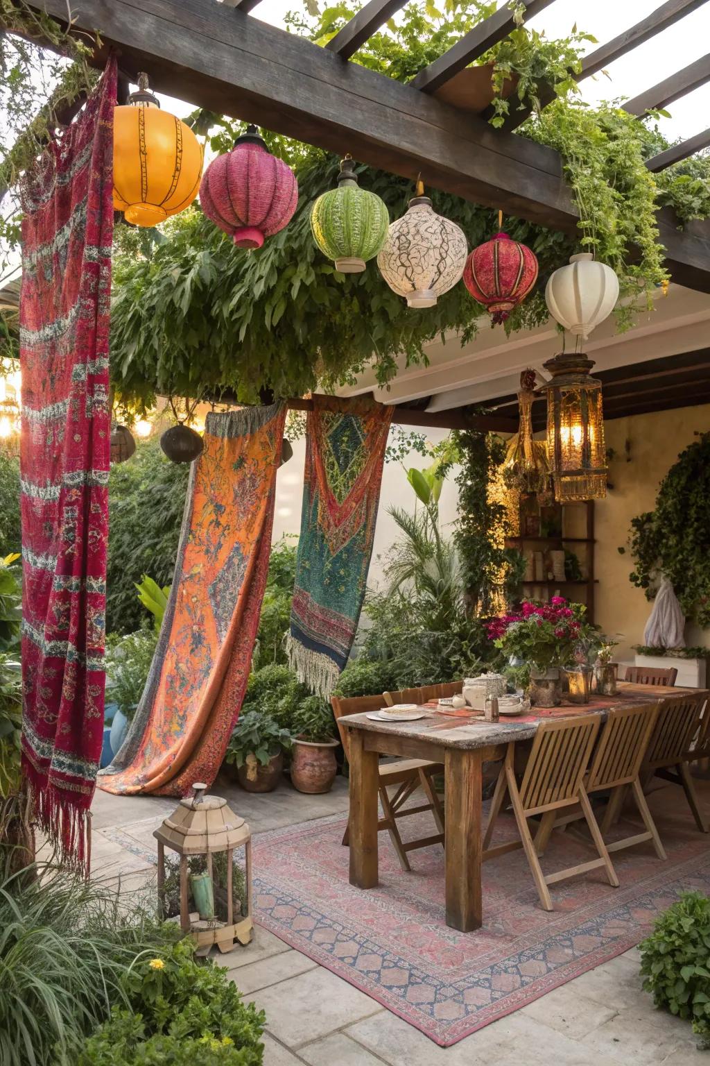 Boho décor creates a laid-back pergola setting.