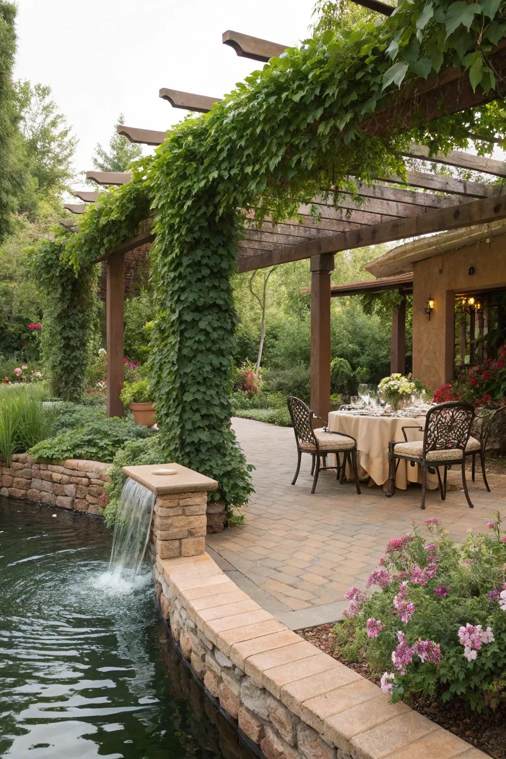Water features add serenity to your outdoor dining experience.