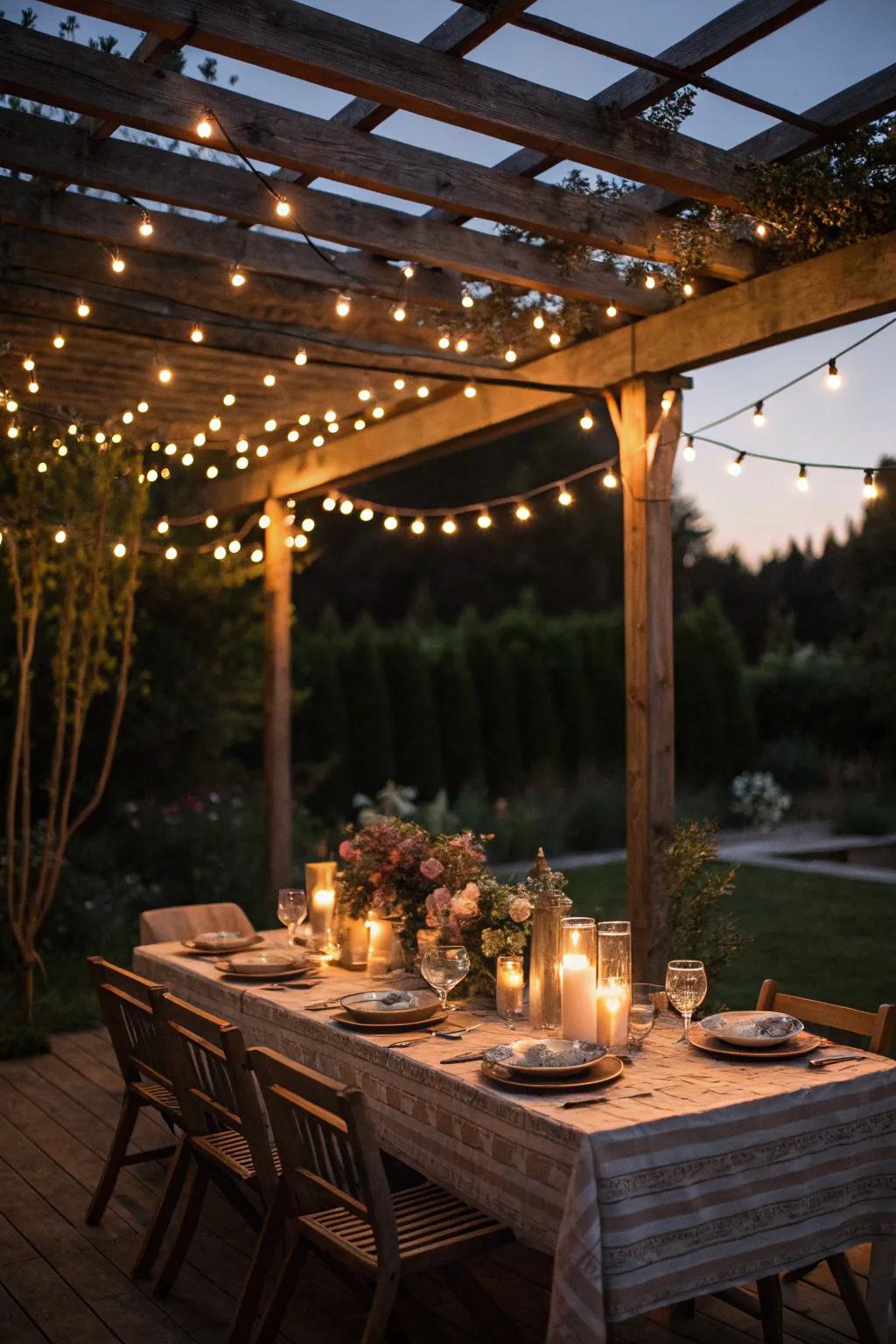 String lights create enchanting ambiance at night.