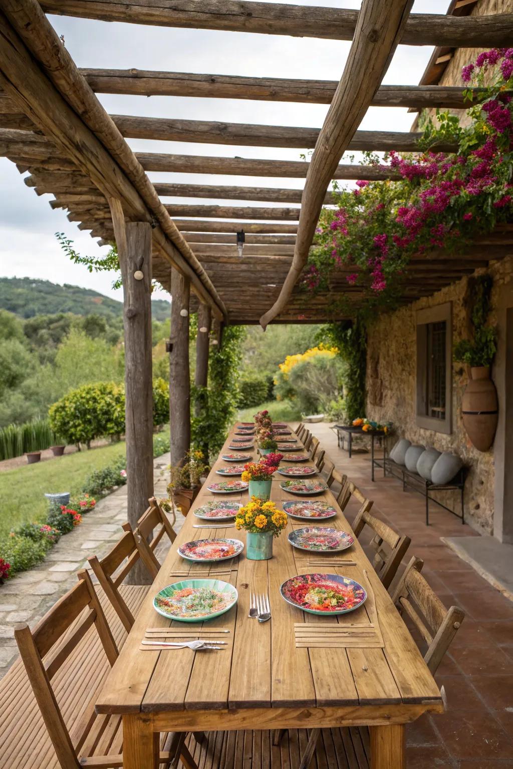 Wooden pergolas create inviting spaces for dinners.