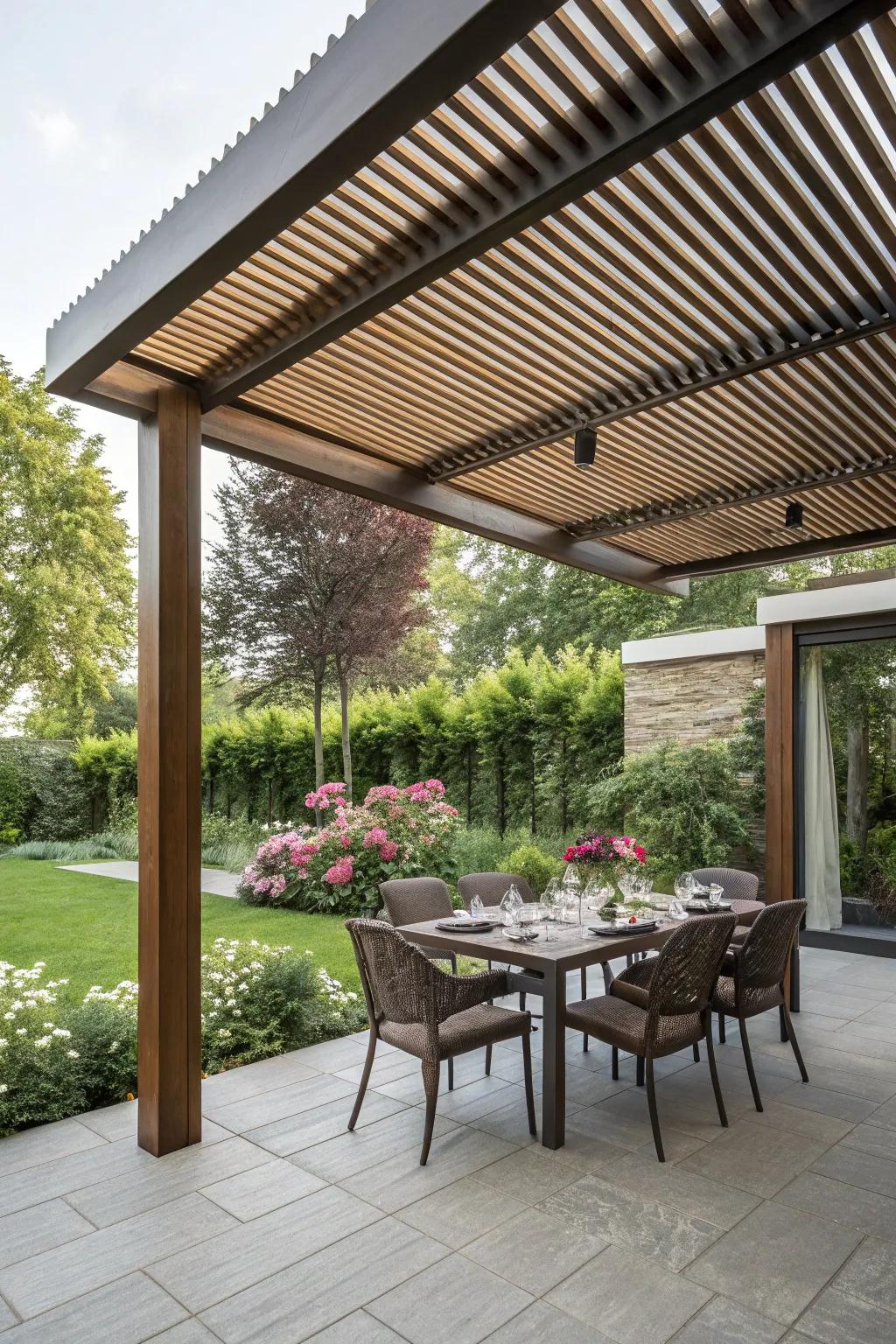 Louvered roofs provide shade and fresh airflow.