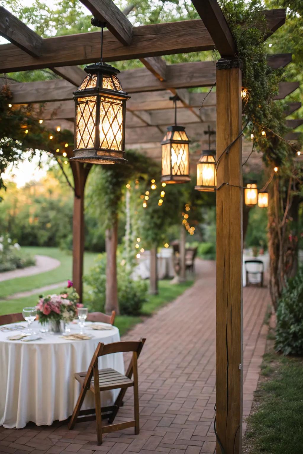 Vintage lanterns provide warm, ambient lighting.