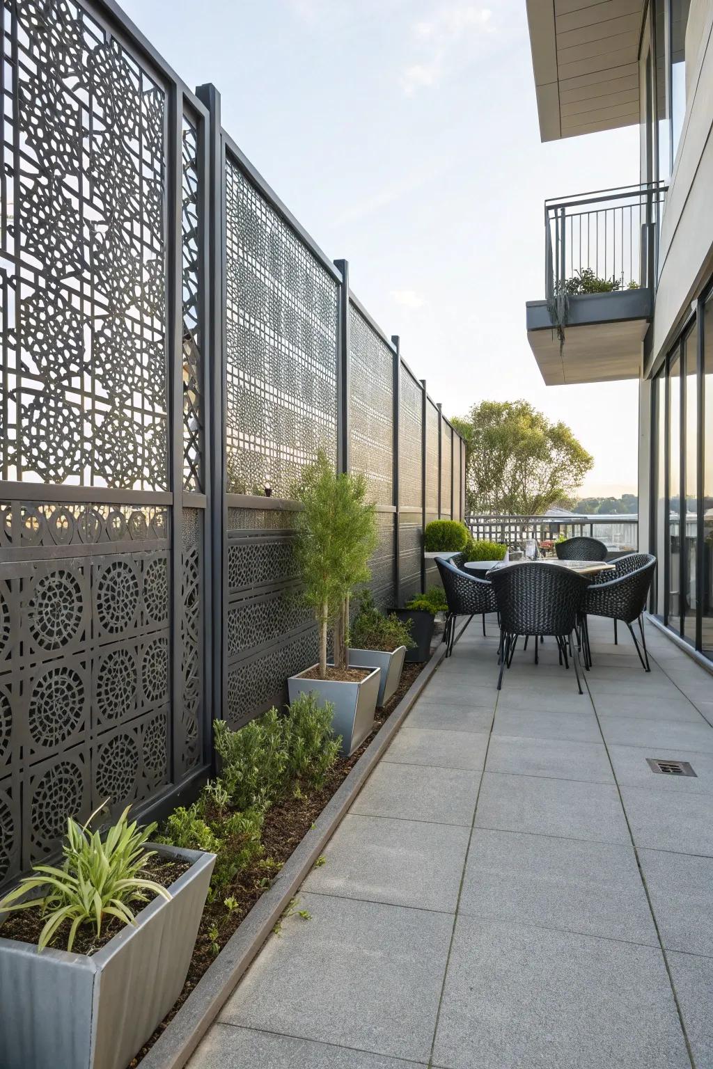 Perforated metal sheet fence adding texture and partial visibility.