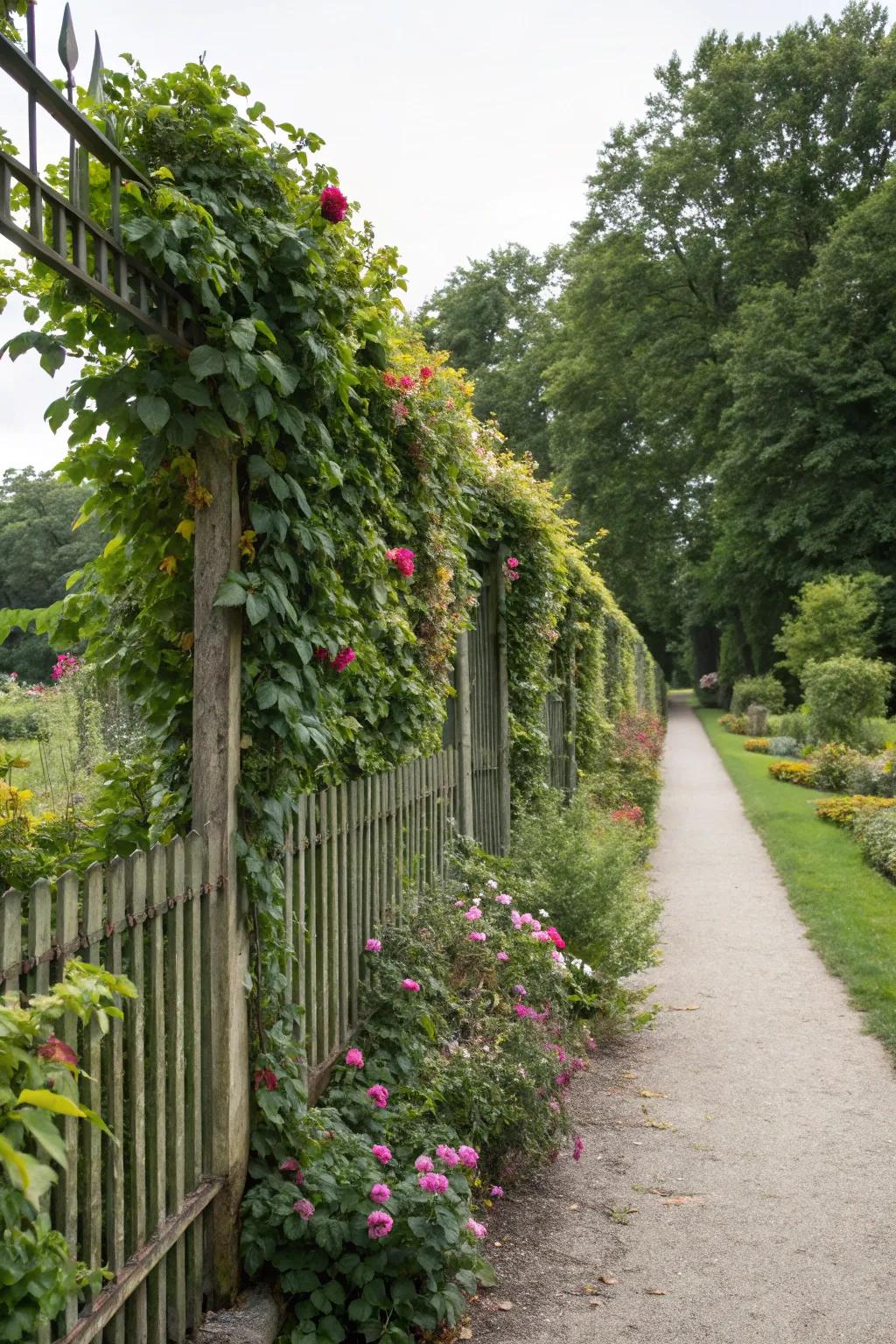 Living green wall fence integrating plants and structure.