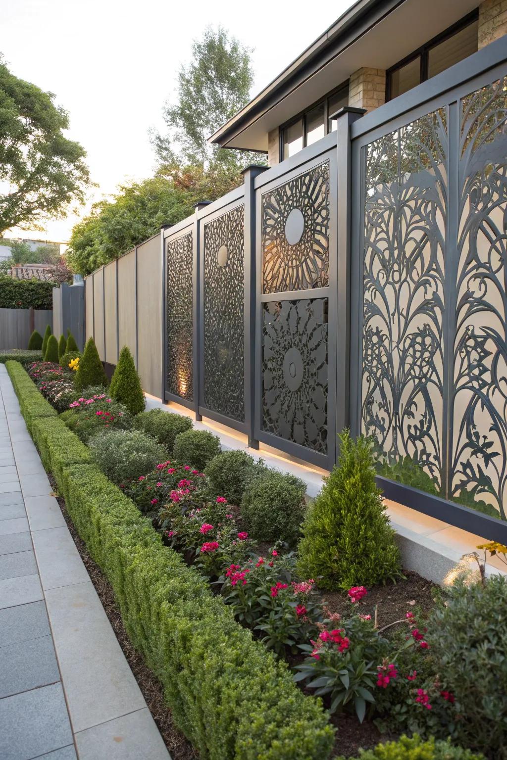 Artistic laser-cut metal panels enhancing garden fencing.