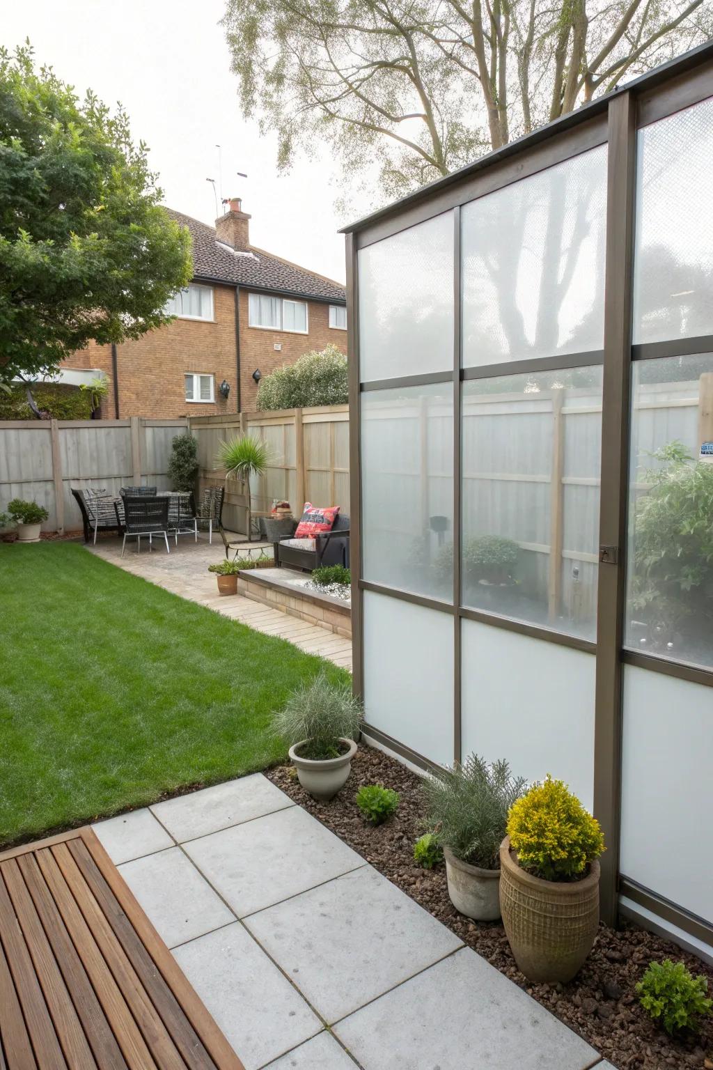 Frosted glass fence panels providing privacy with style.
