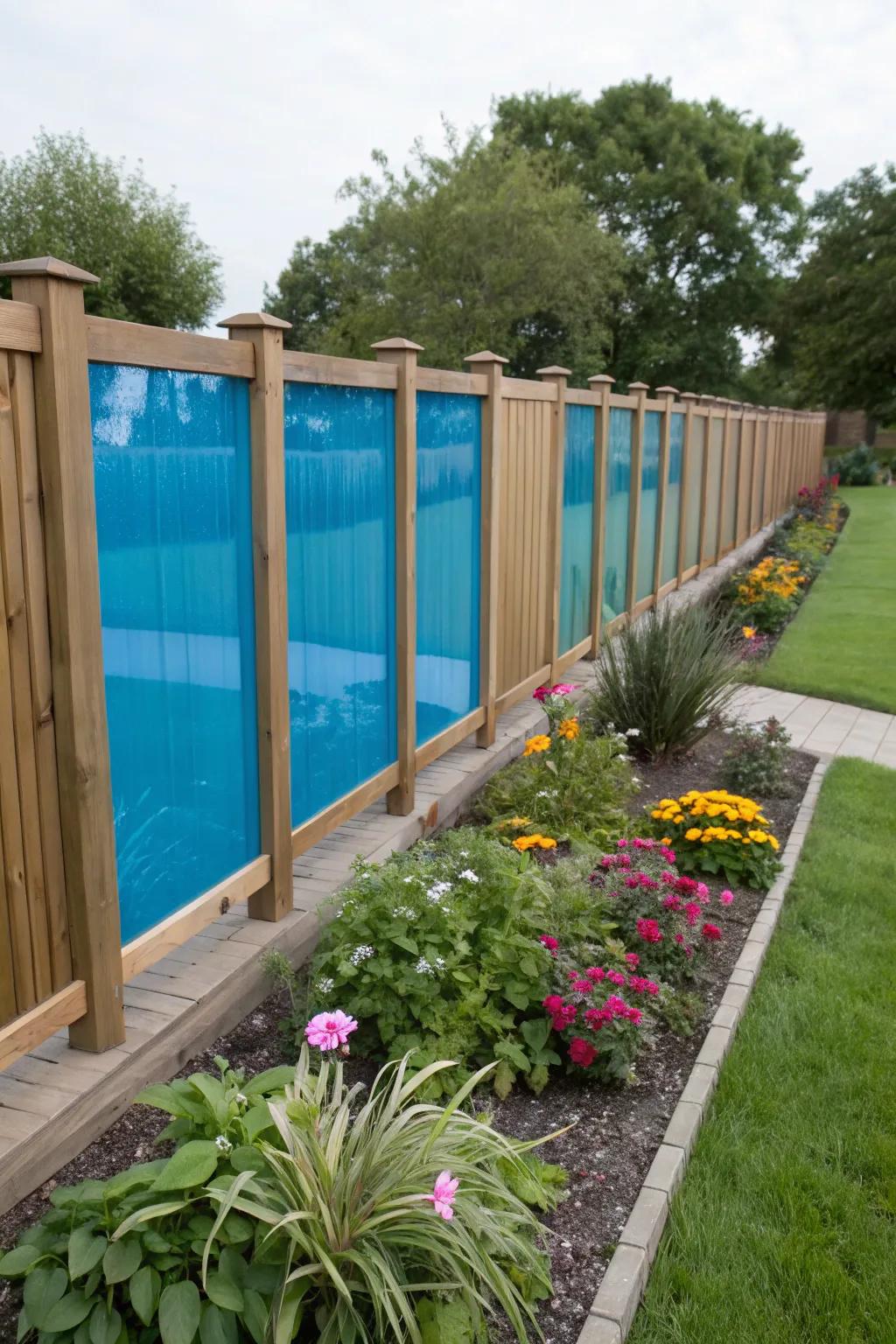 Colorful acrylic panels brightening up a garden fence.