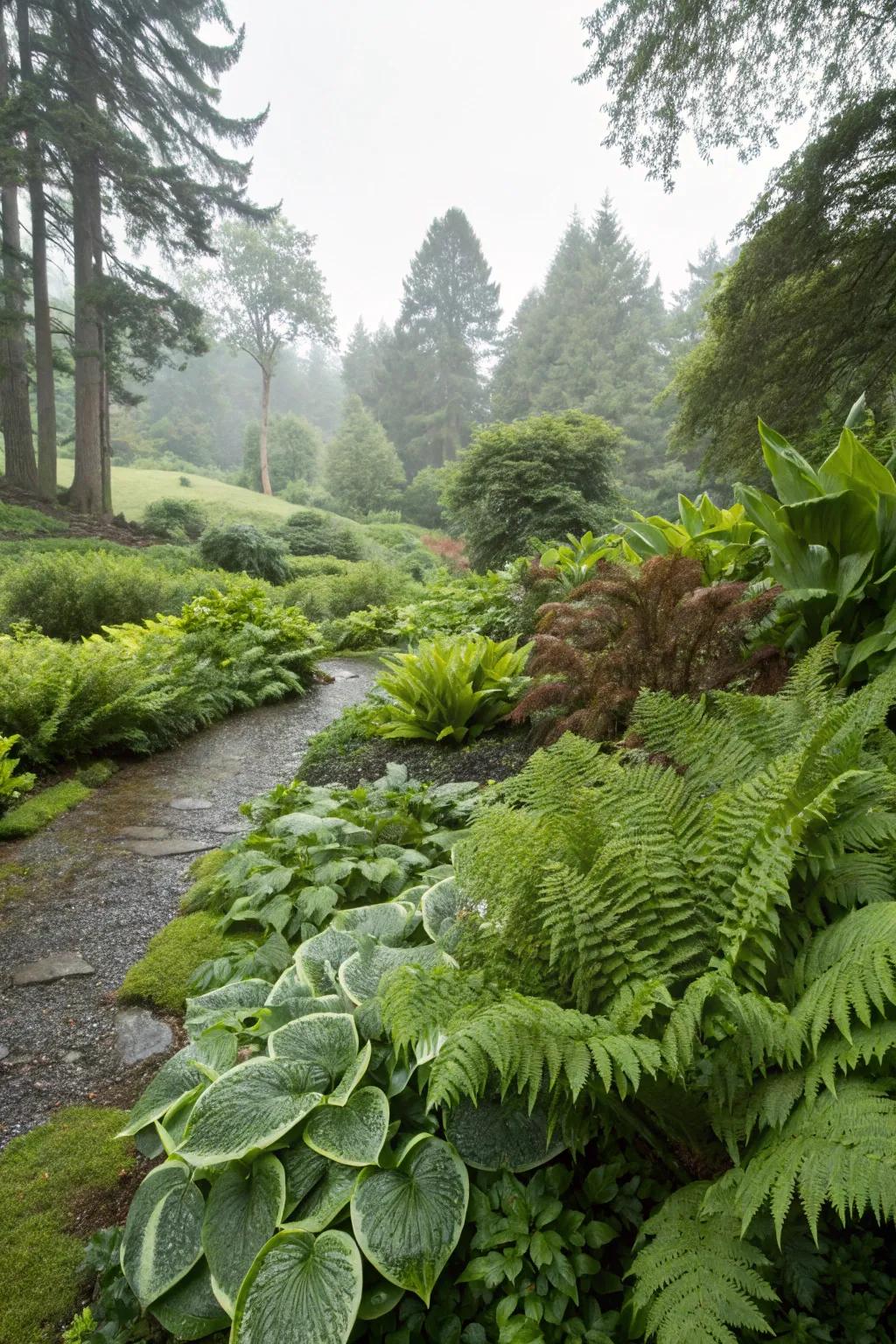 Ferns and hostas create a lush, textured landscape in a shady, wet garden.