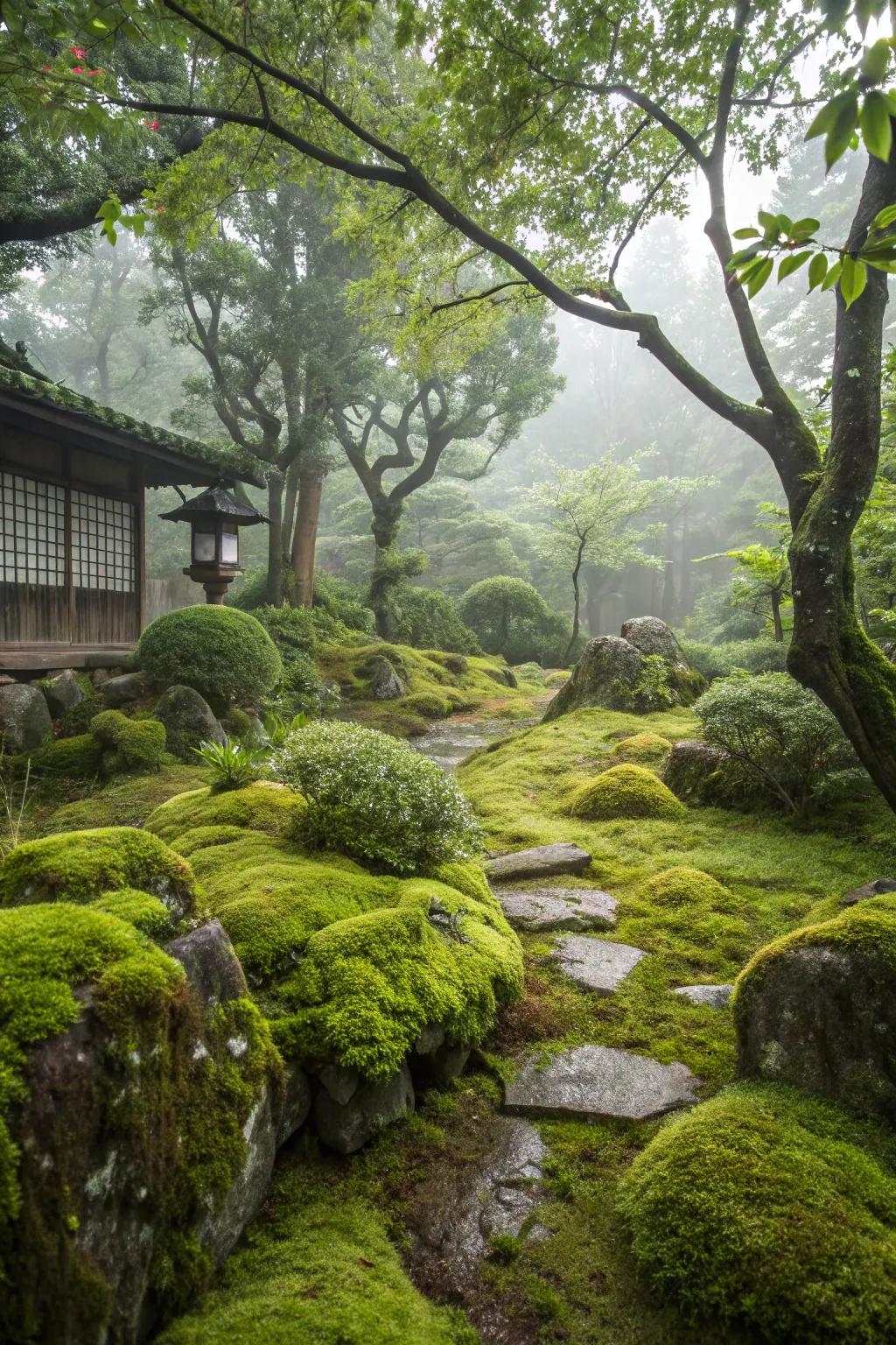 A moss garden creates a serene, woodland retreat.