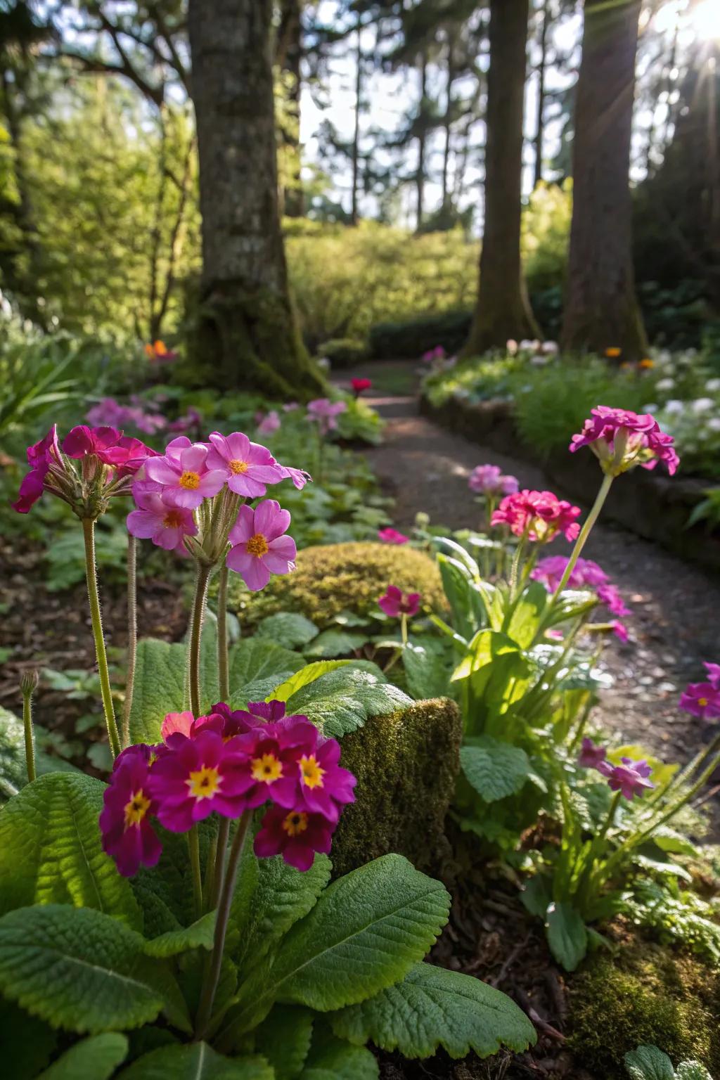 Vibrant florals add a pop of color to a shady garden space.