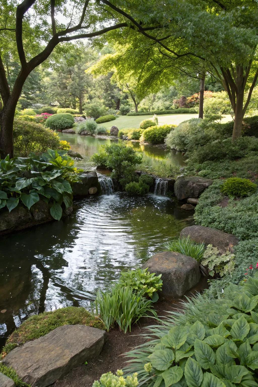 A serene water feature in a shady, wet garden area.