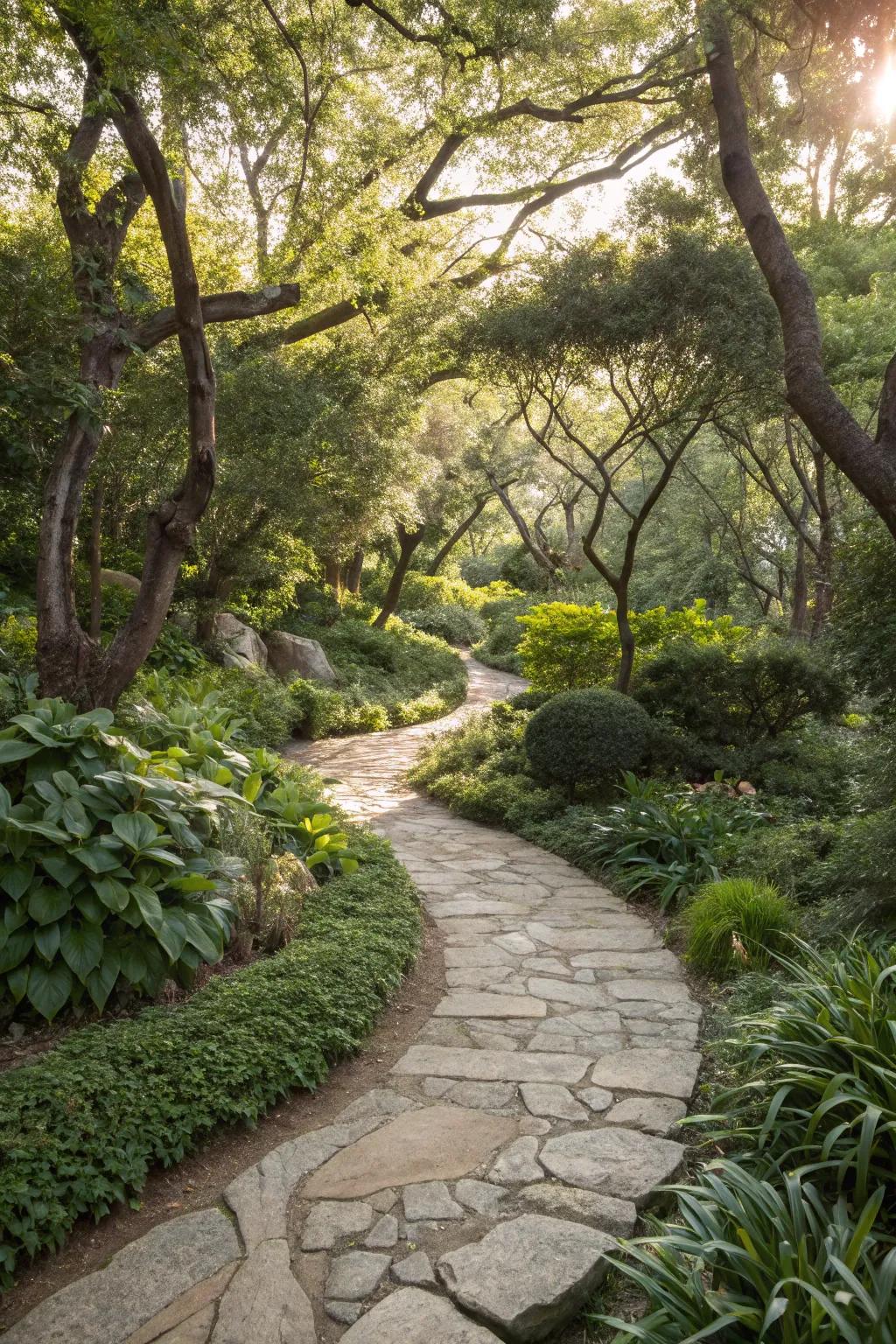 Natural stone paths define and enhance a shady, wet garden space.