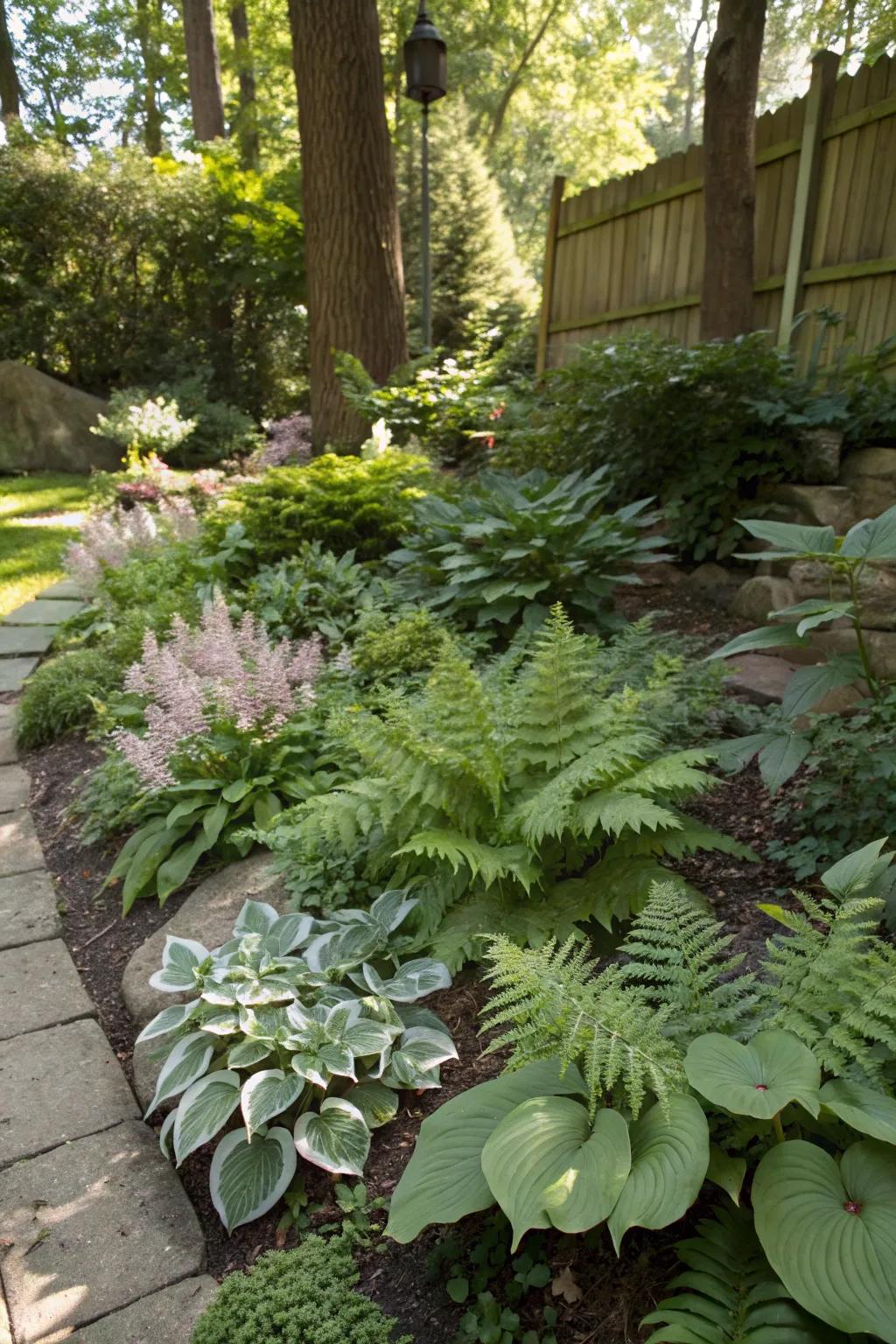 A variety of shade-tolerant plants add color and texture to a wet garden.
