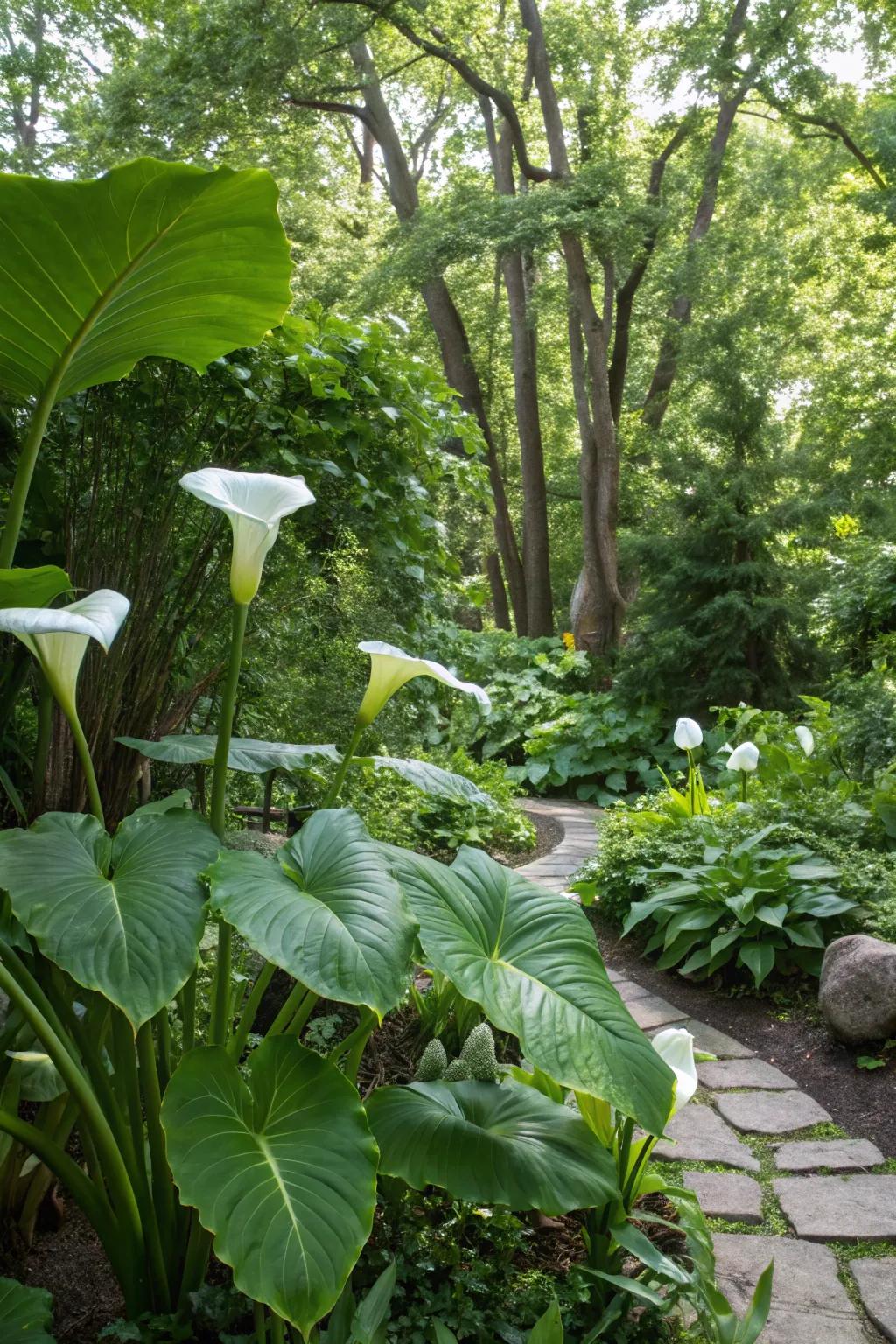 Bold tropical plants thrive in wet, shady conditions.