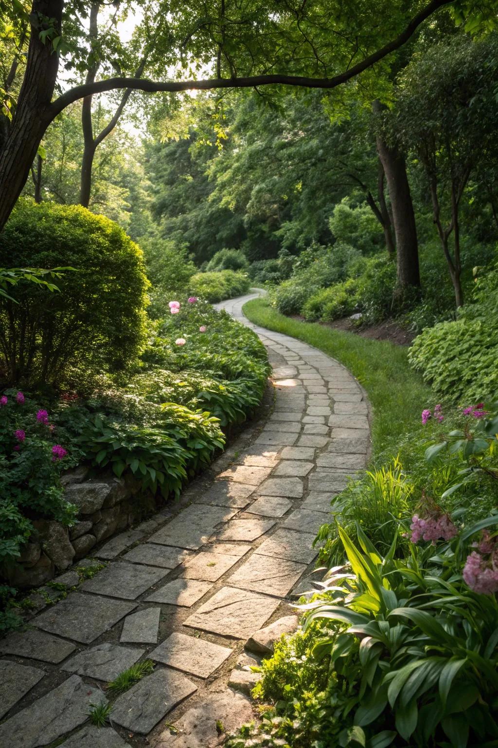 A natural pathway invites exploration in a lush garden setting.