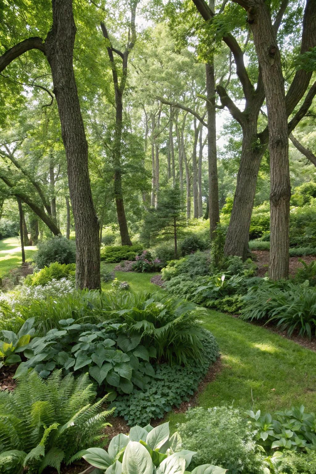 A wooded garden paradise with mature trees and lush underplantings.