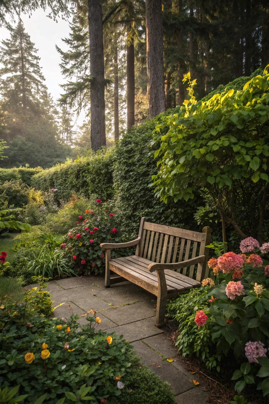 A cozy seating area tucked into a lush, shady garden.