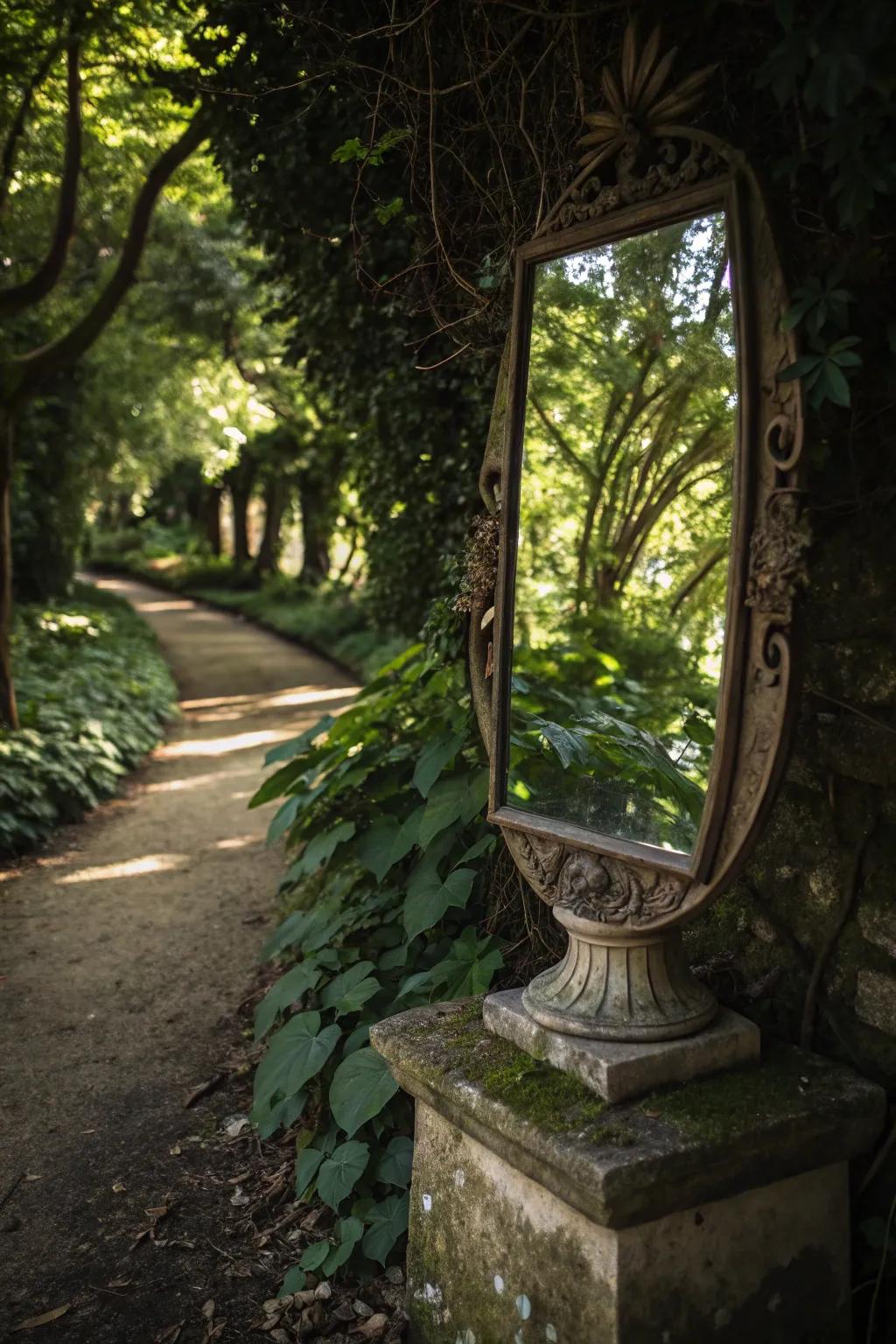 Reflective surfaces enhance light and depth in a shaded garden.