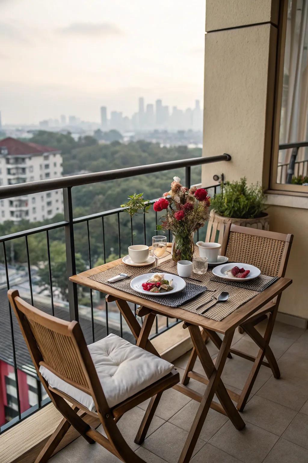 Dine alfresco with a charming balcony setup.