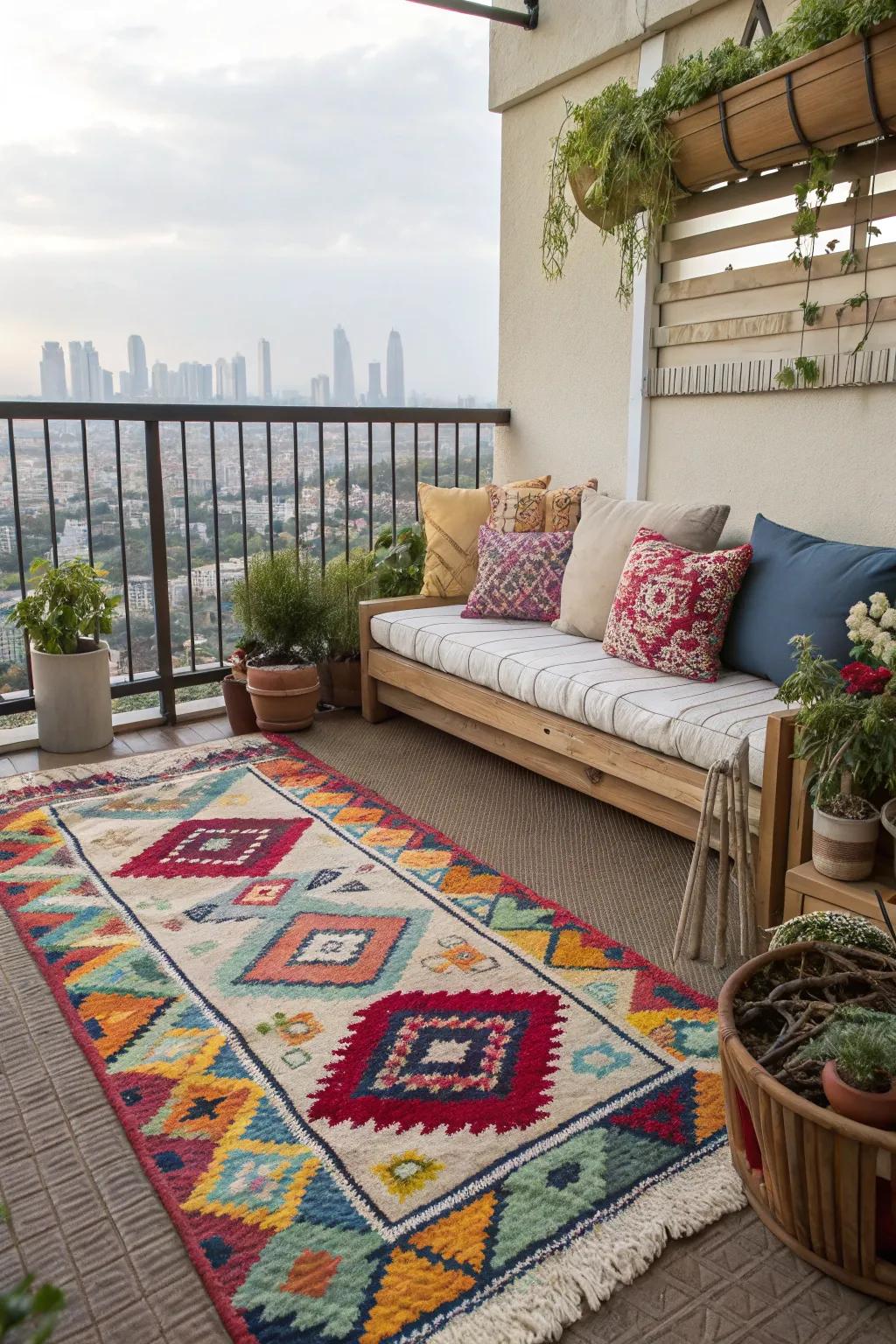 Rugs add warmth and style to your balcony floor.