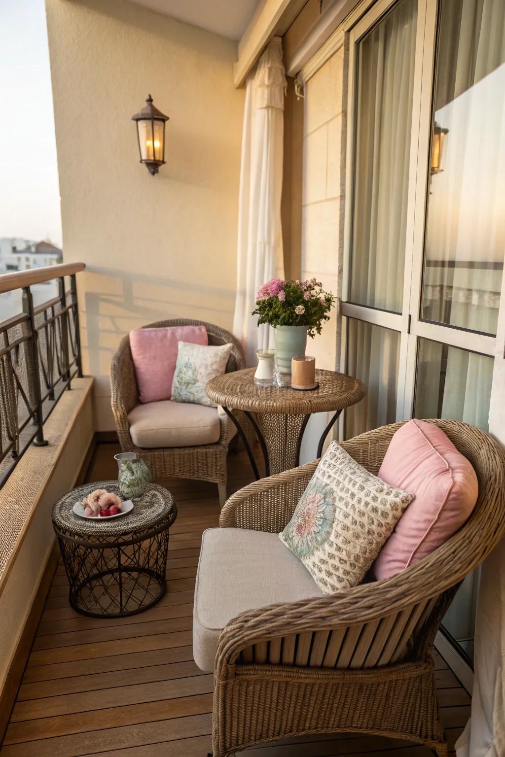 Plush seating transforms your balcony into a comfort zone.