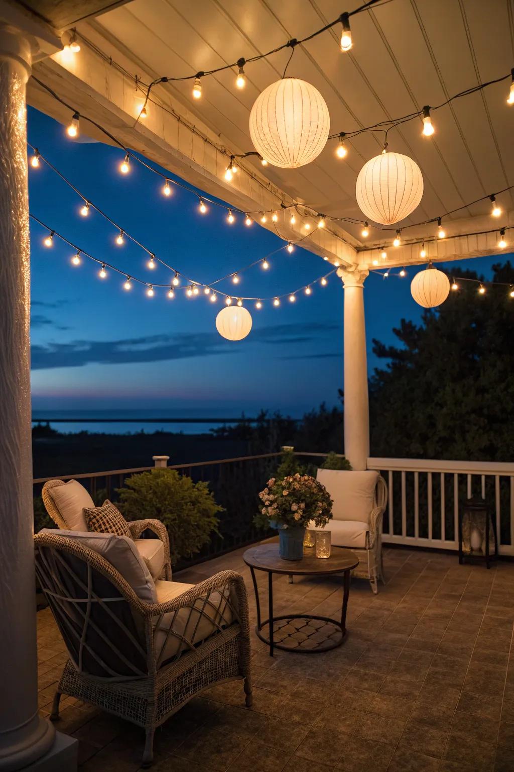 Lighting sets the mood for cozy balcony nights.