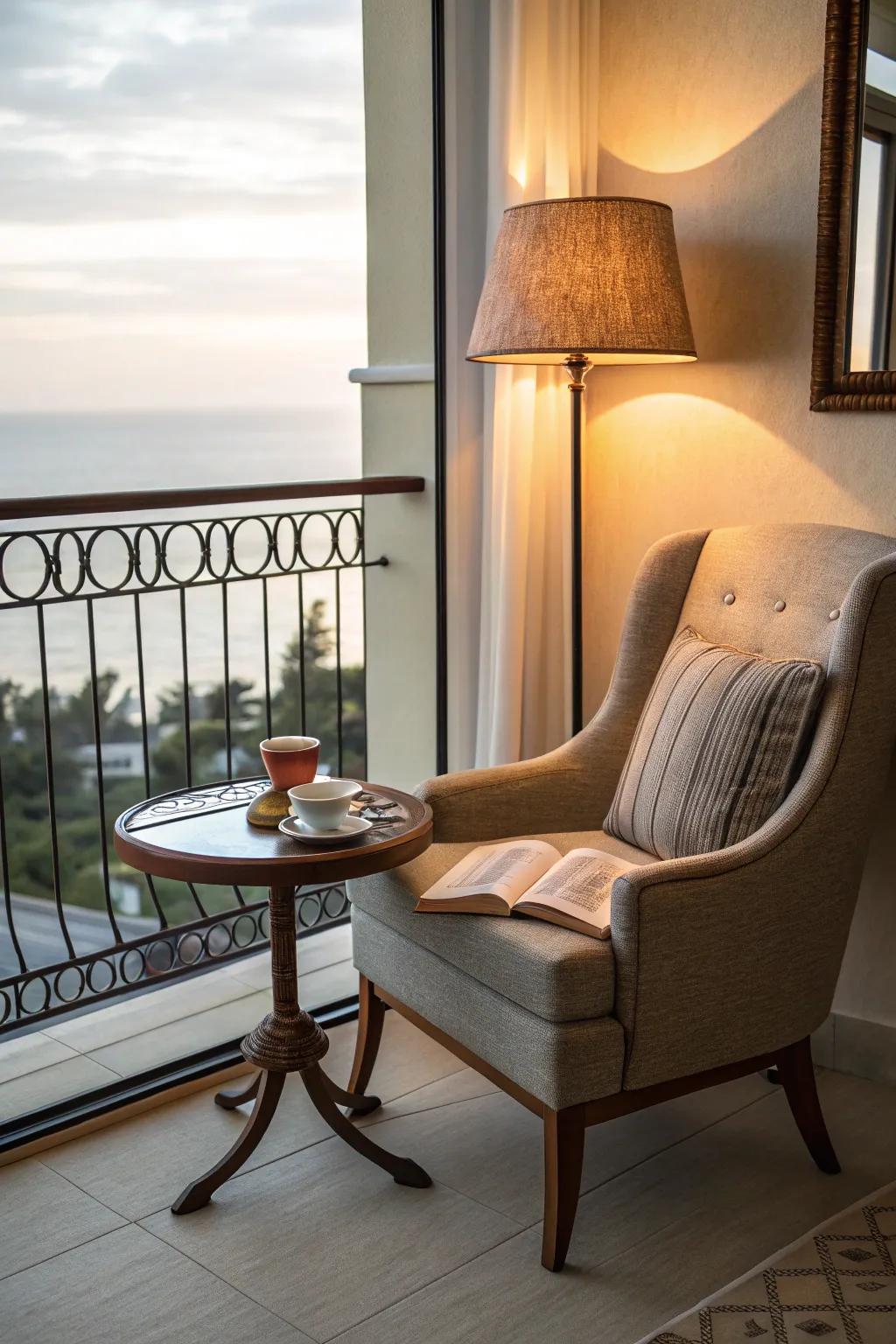 Escape into stories with a cozy balcony reading nook.
