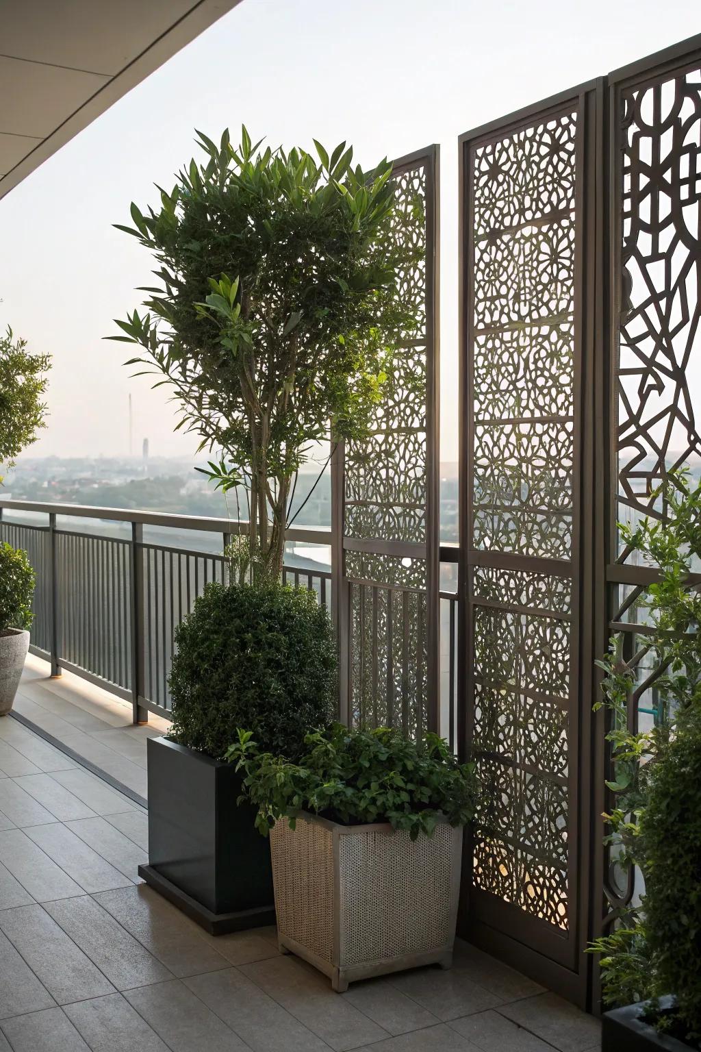 Privacy screens create a secluded balcony haven.