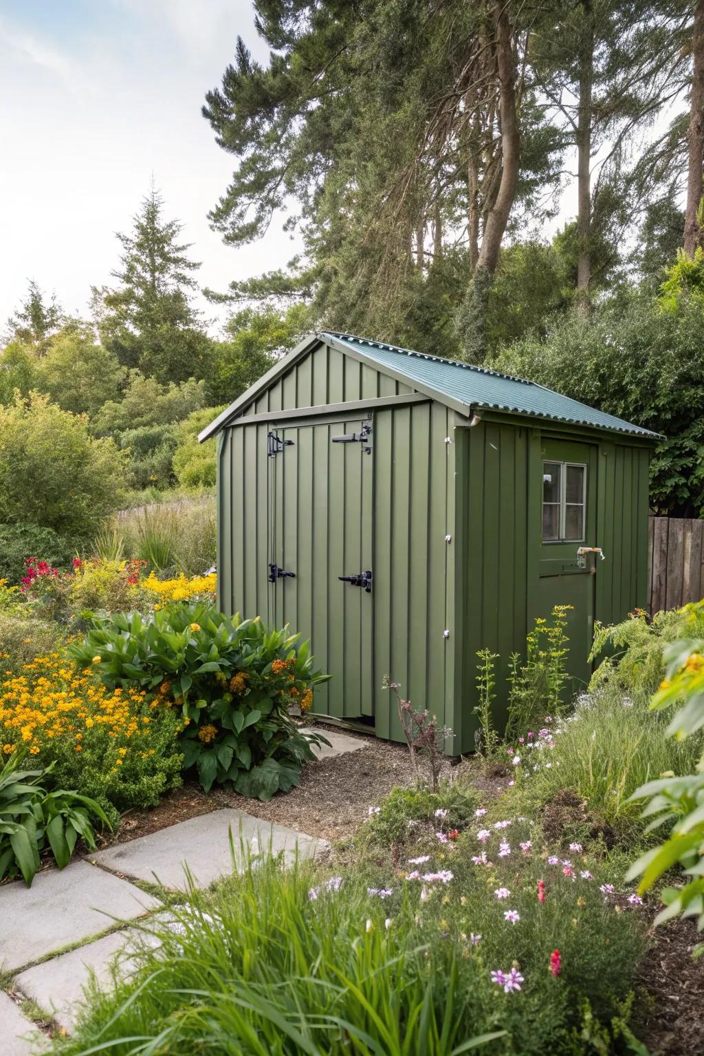 Earthy greens integrate your shed into the natural landscape.