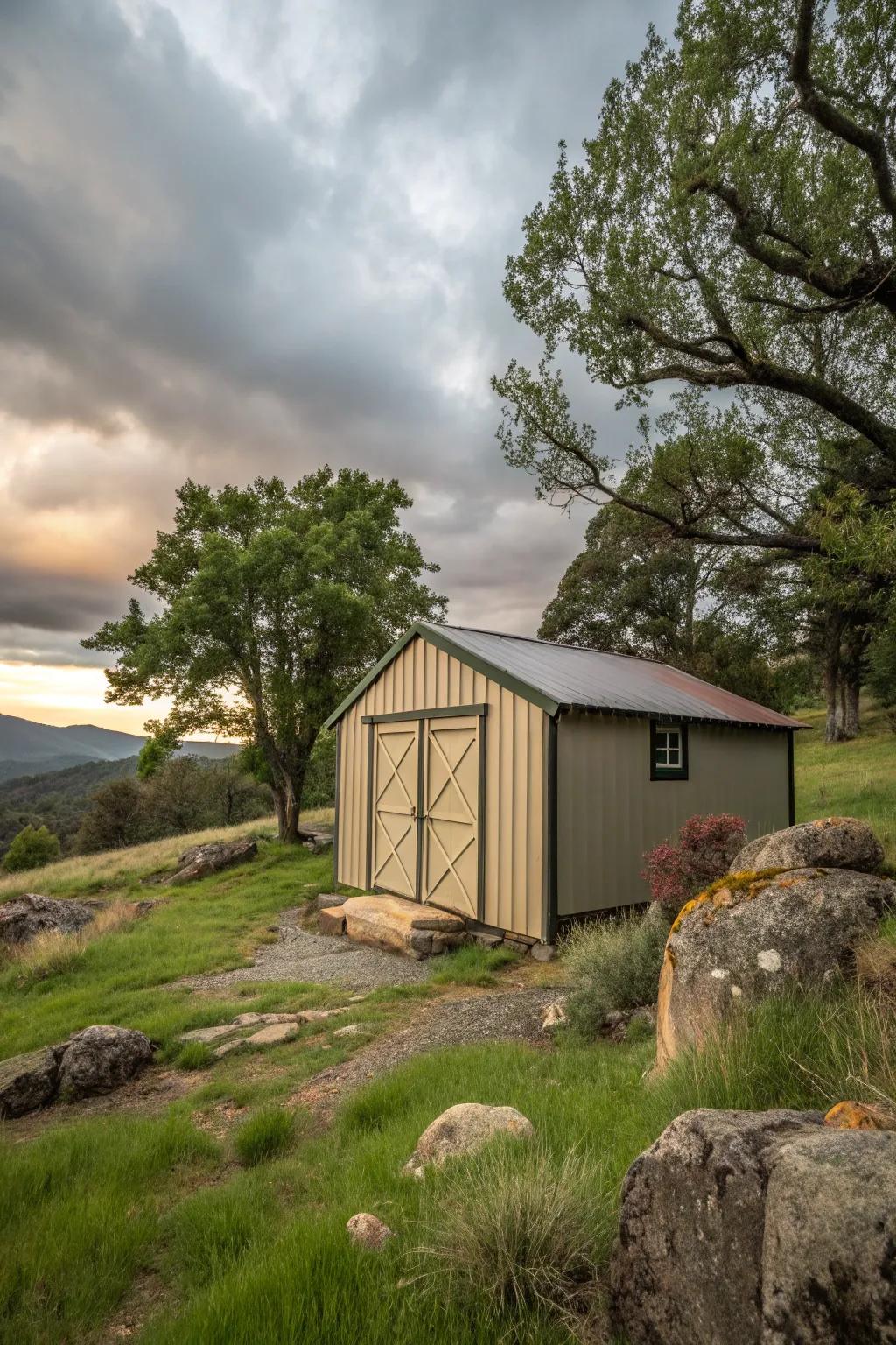 Earth tones blend your shed naturally into the landscape.