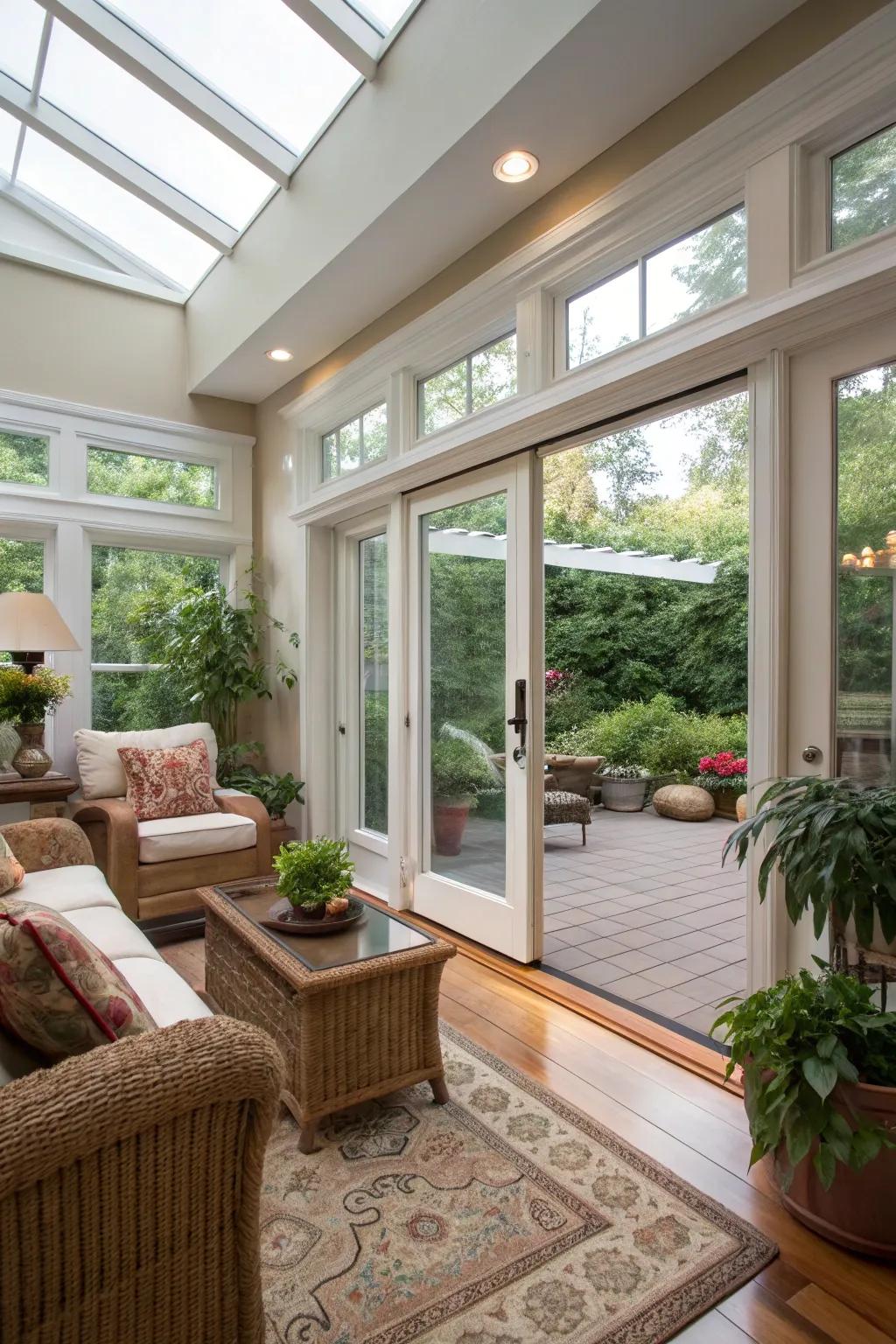 Sunroom featuring pocket doors for a streamlined look.
