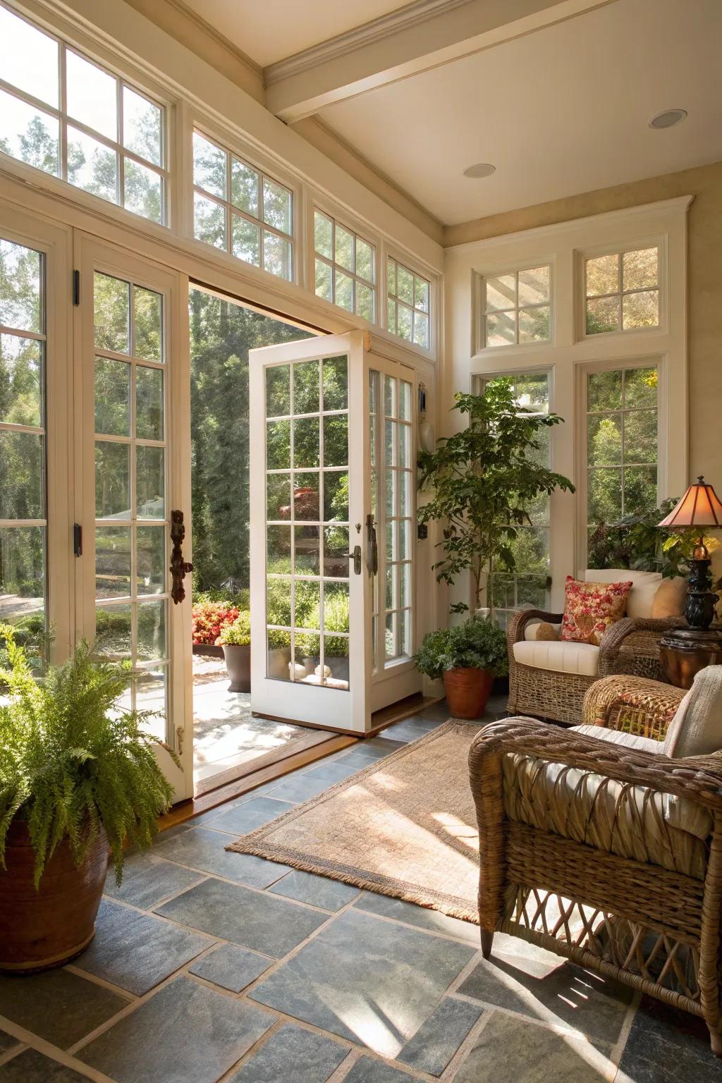 Sunroom bathed in natural light through expansive doors.