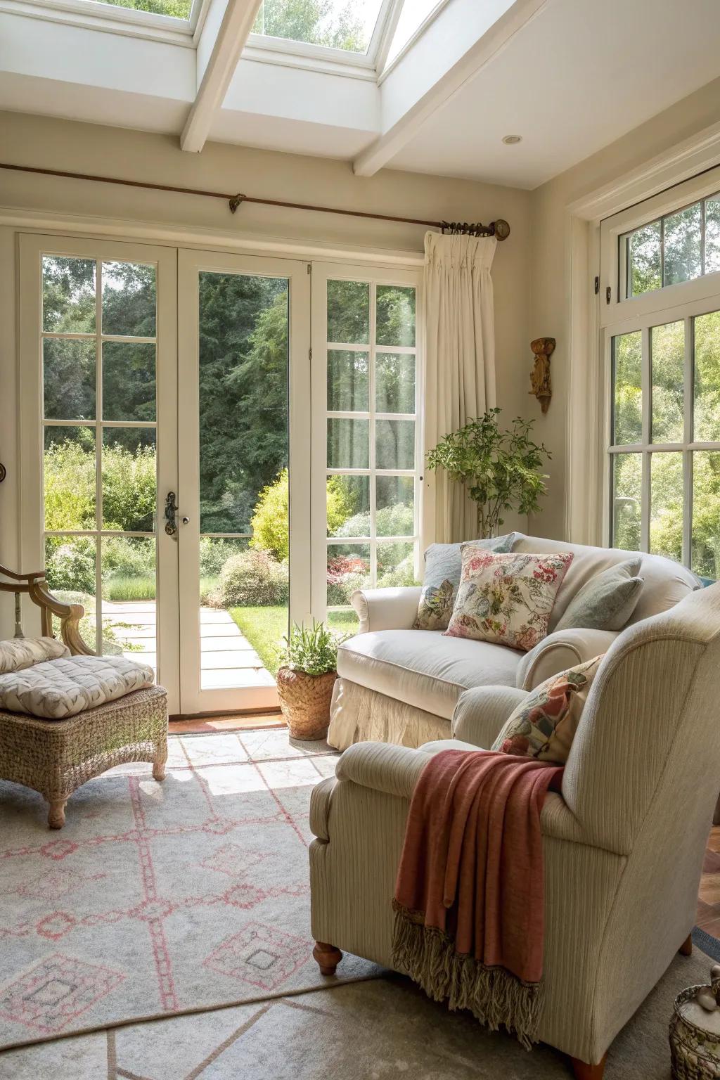 Cozy seating in a sunroom facing large glass doors.