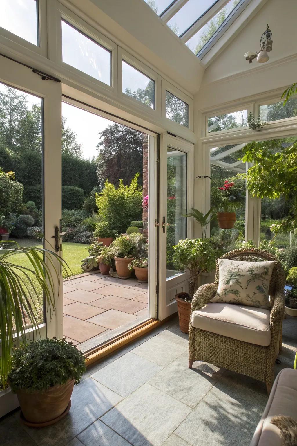Sunroom featuring impressive floor-to-ceiling doors.