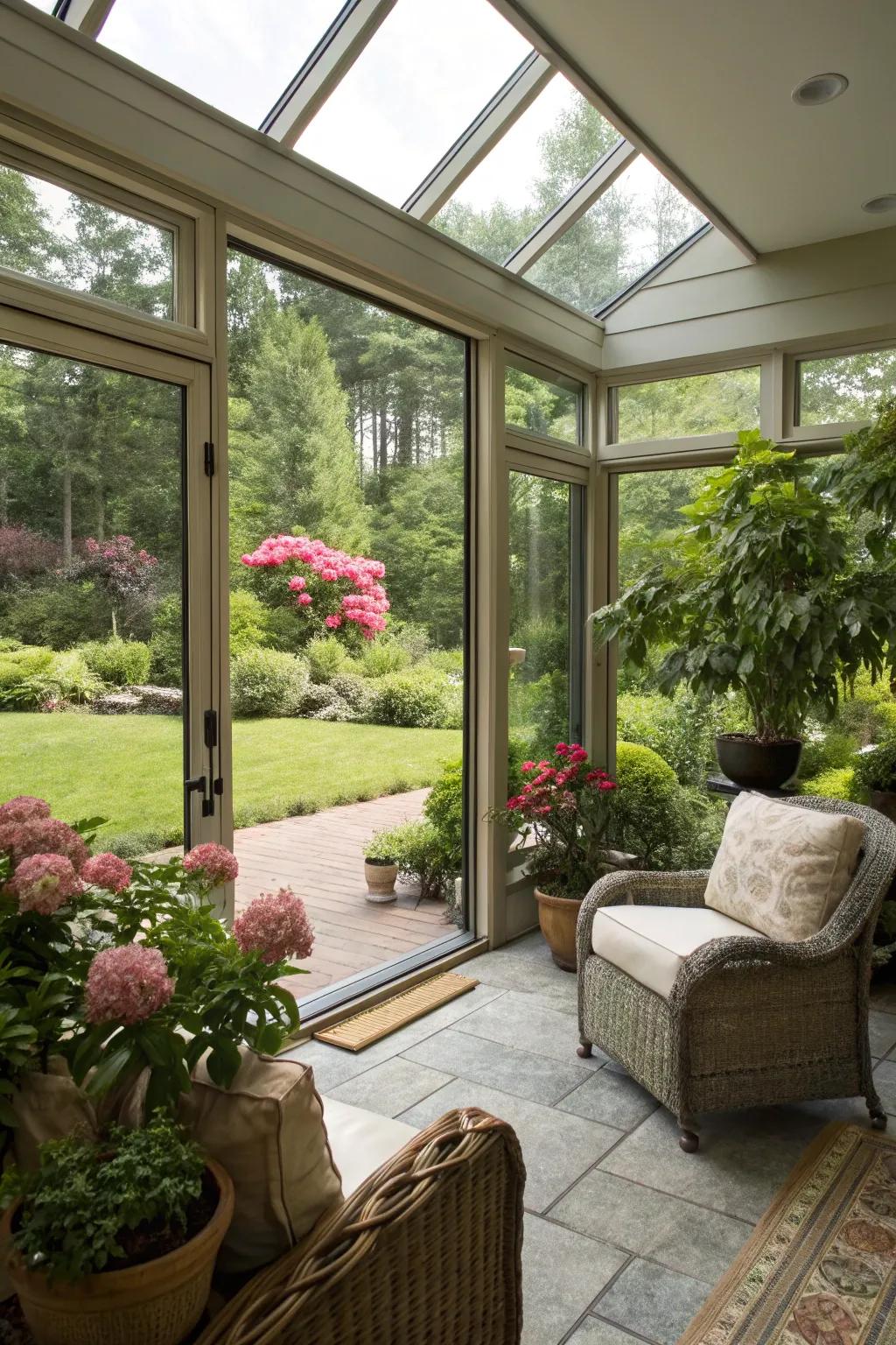 Sunroom with large glass doors offering a picturesque garden view.