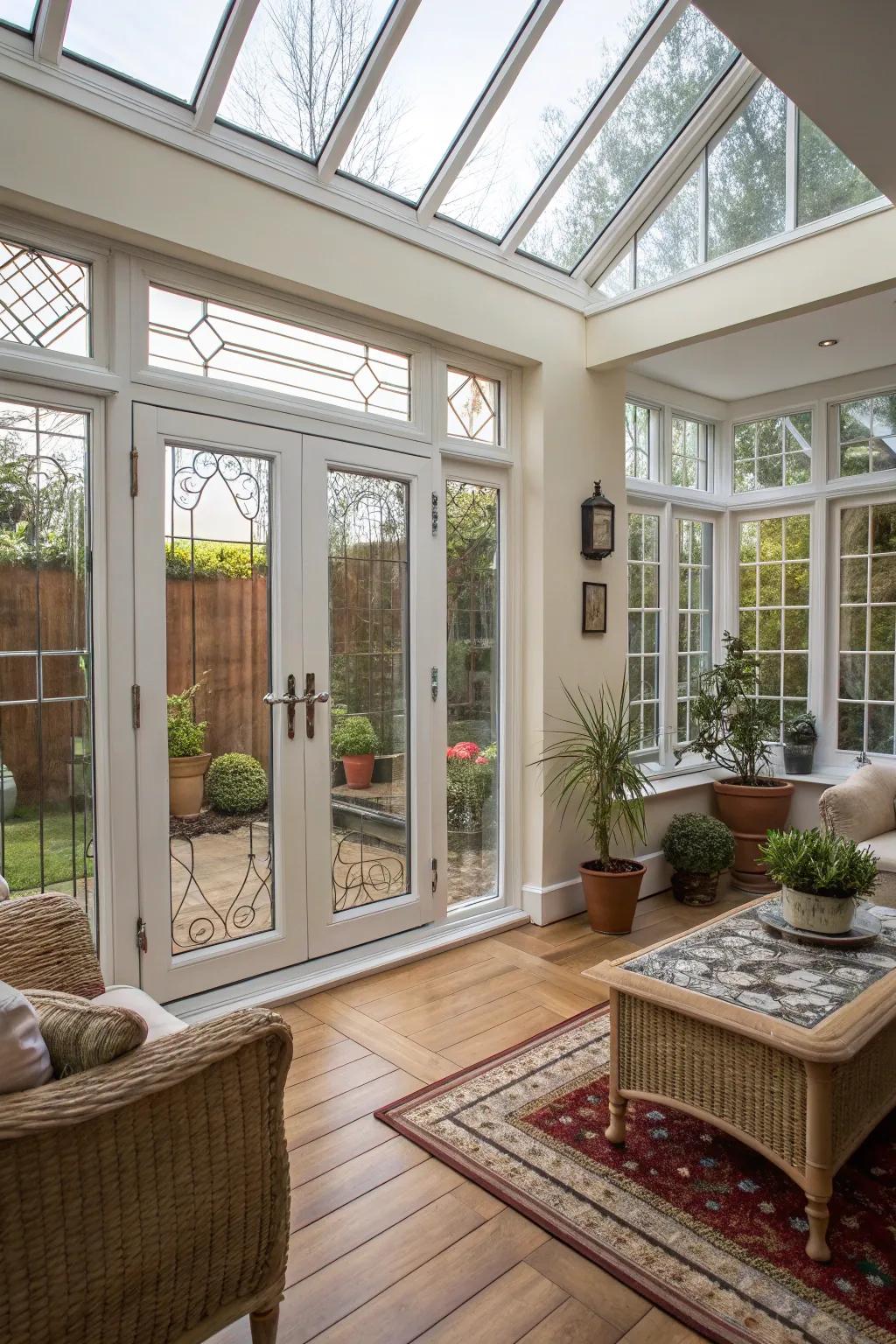 Sunroom showcasing both French and sliding door styles.