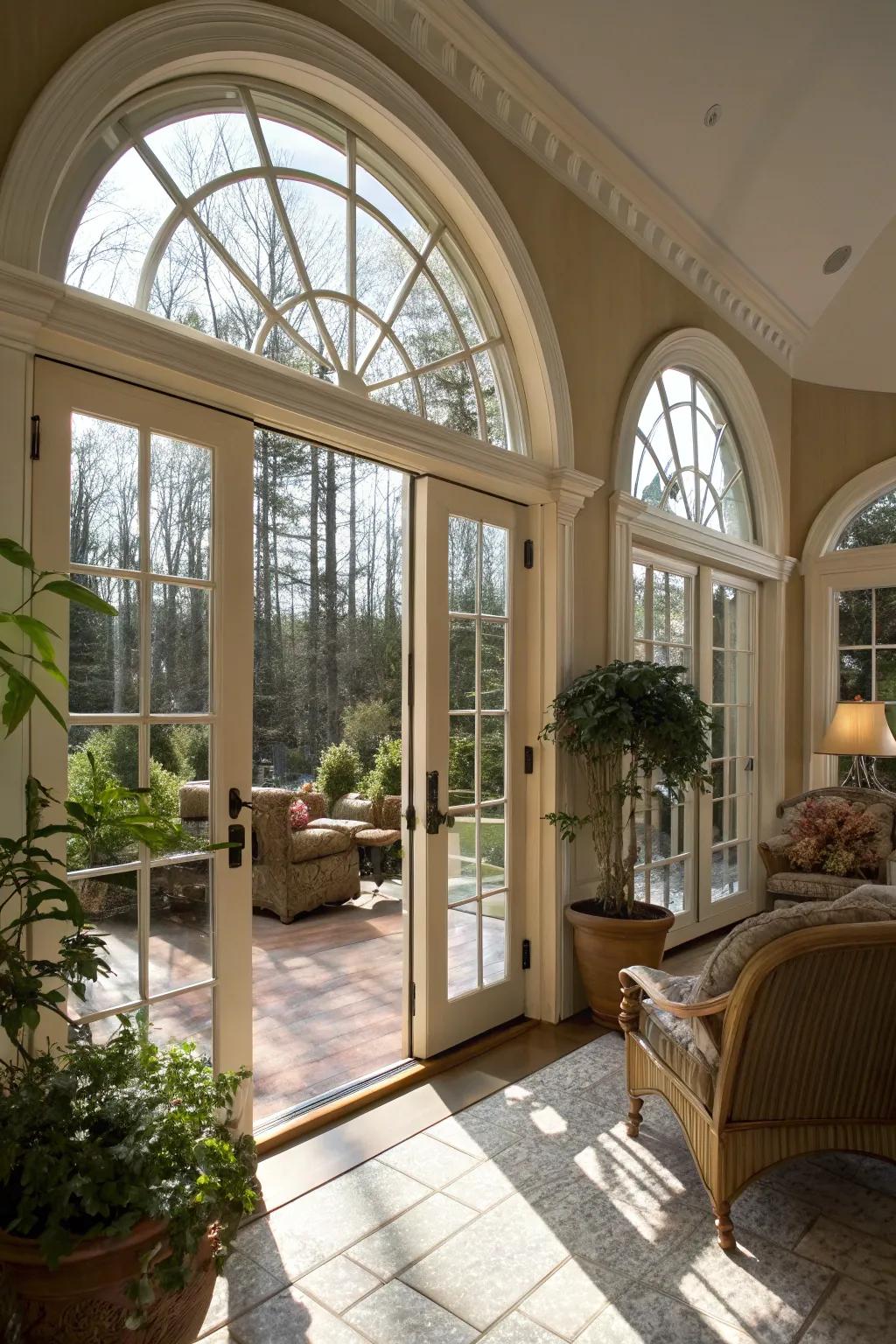 Sunroom charmed with elegant arch doors.