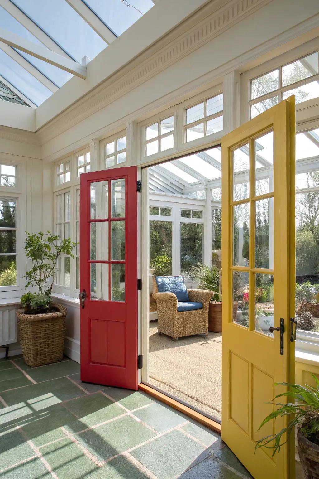 Sunroom doors with vibrant colored frames.