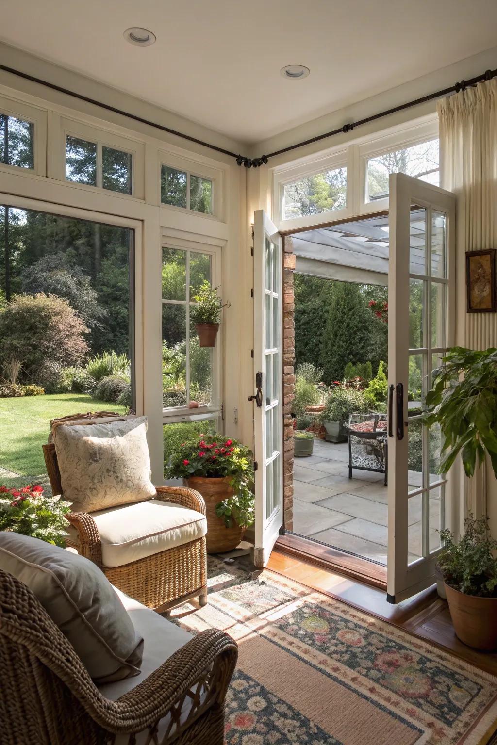 Sunroom featuring hidden screens for fresh air flow.