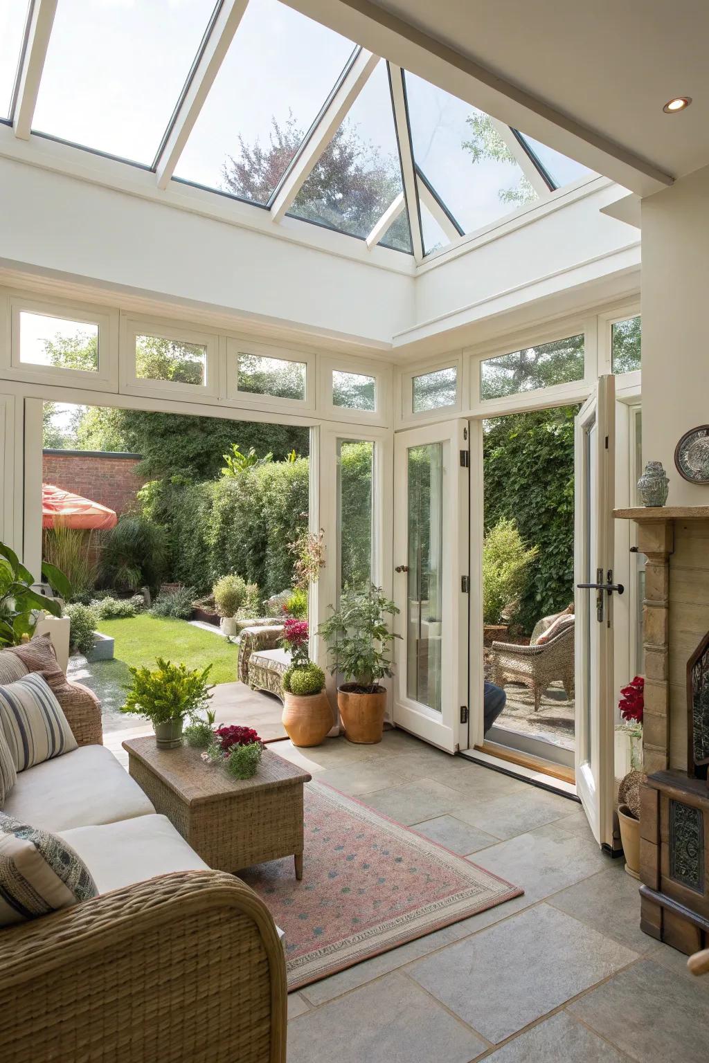 Sunroom with bi-fold doors creating an expansive opening.
